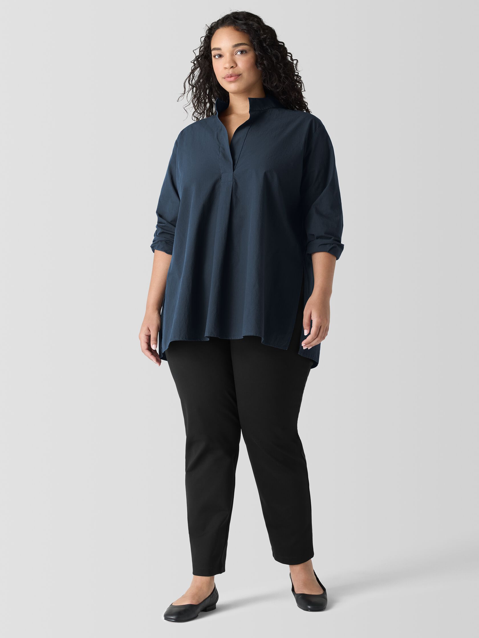 Washed Organic Cotton Poplin Stand Collar Top