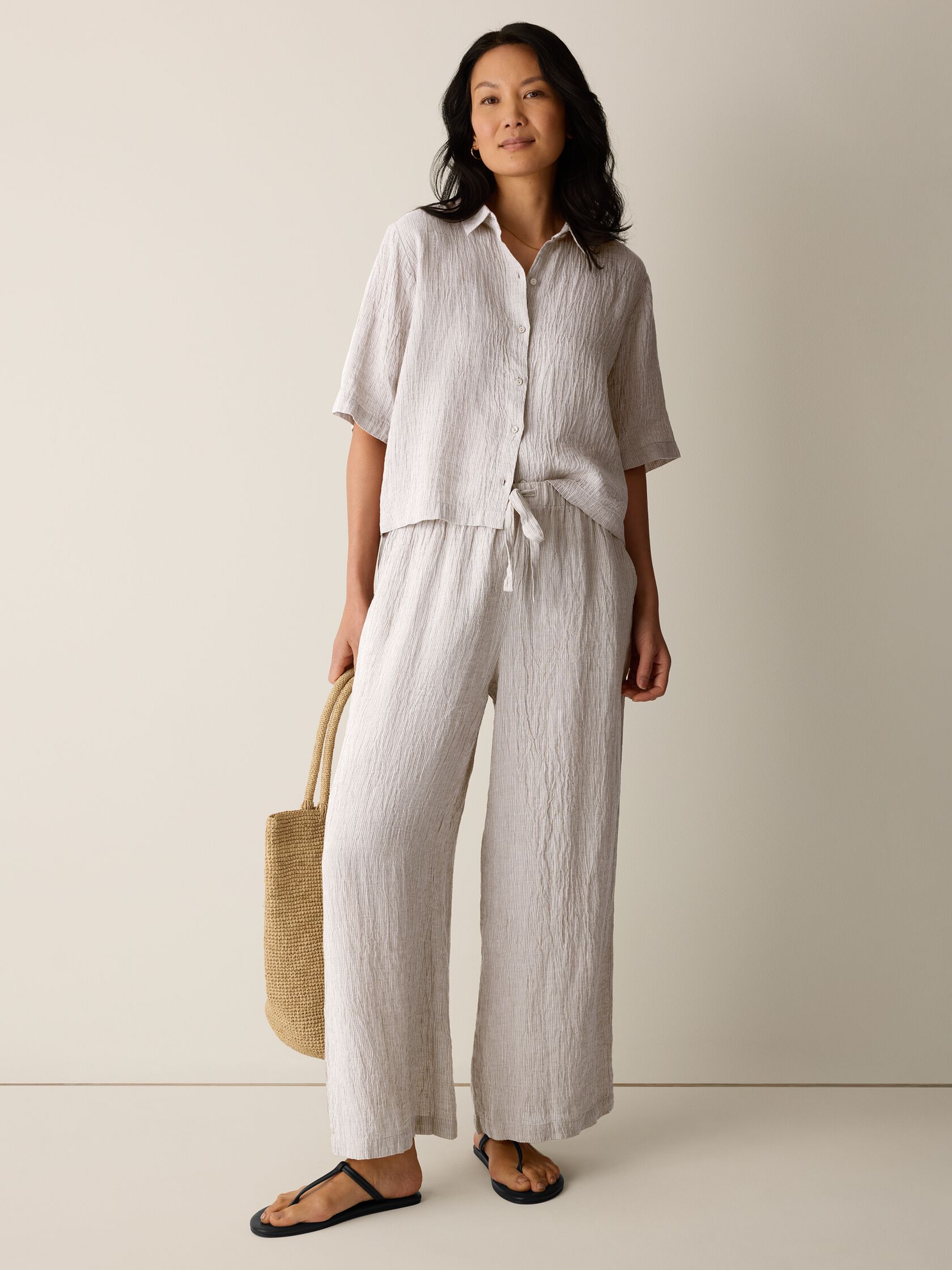 Puckered Organic Linen Stripe Wide-Leg Pant