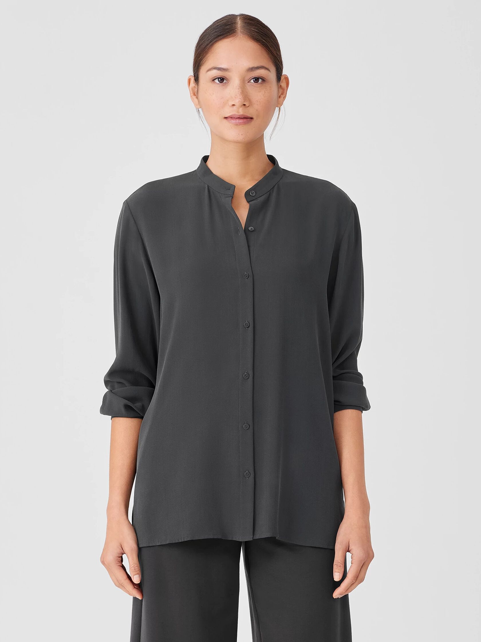 Silk Georgette Crepe Mandarin Collar Shirt
