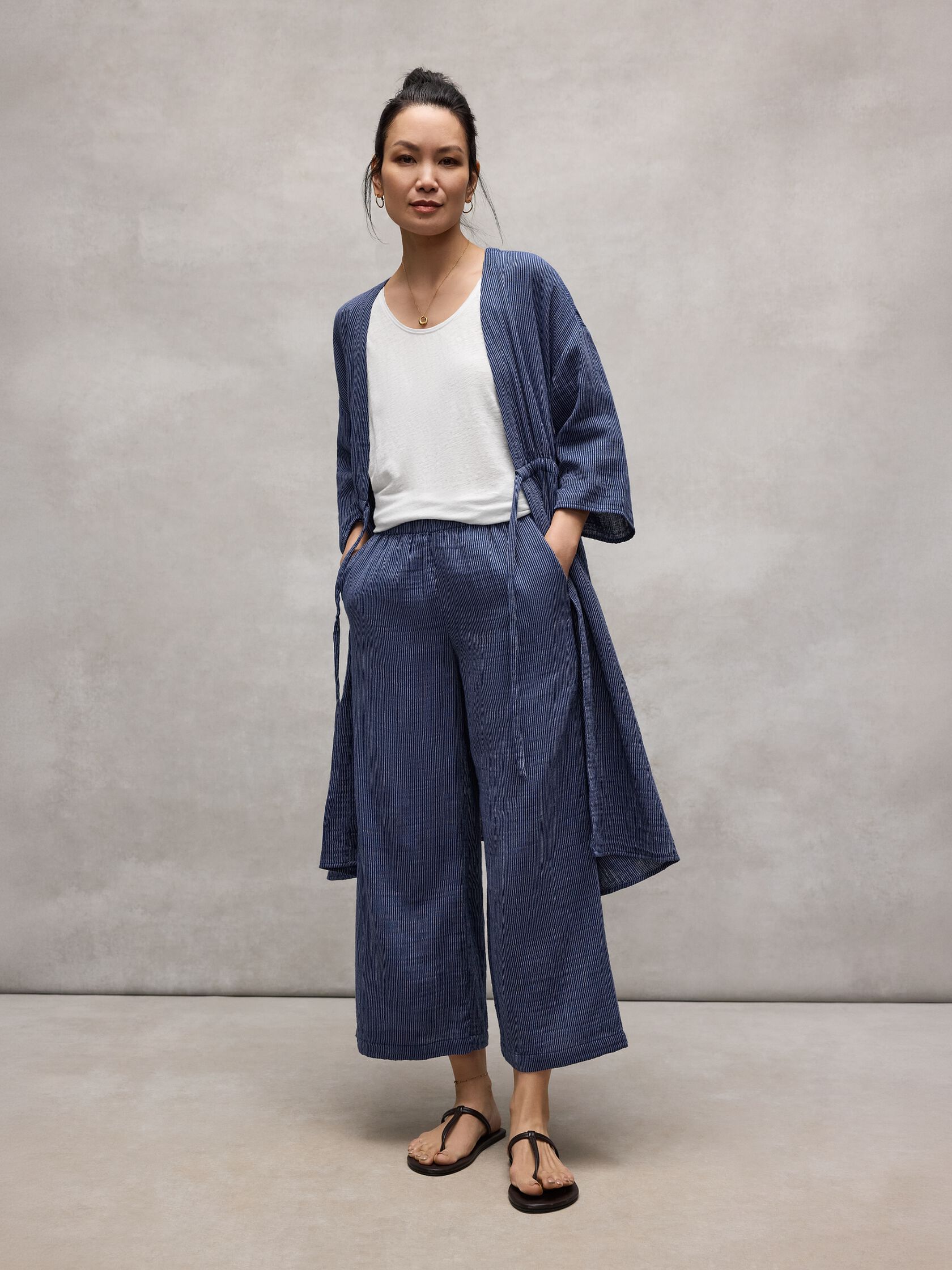 Striped Organic Cotton Gauze Wide-Leg Pant