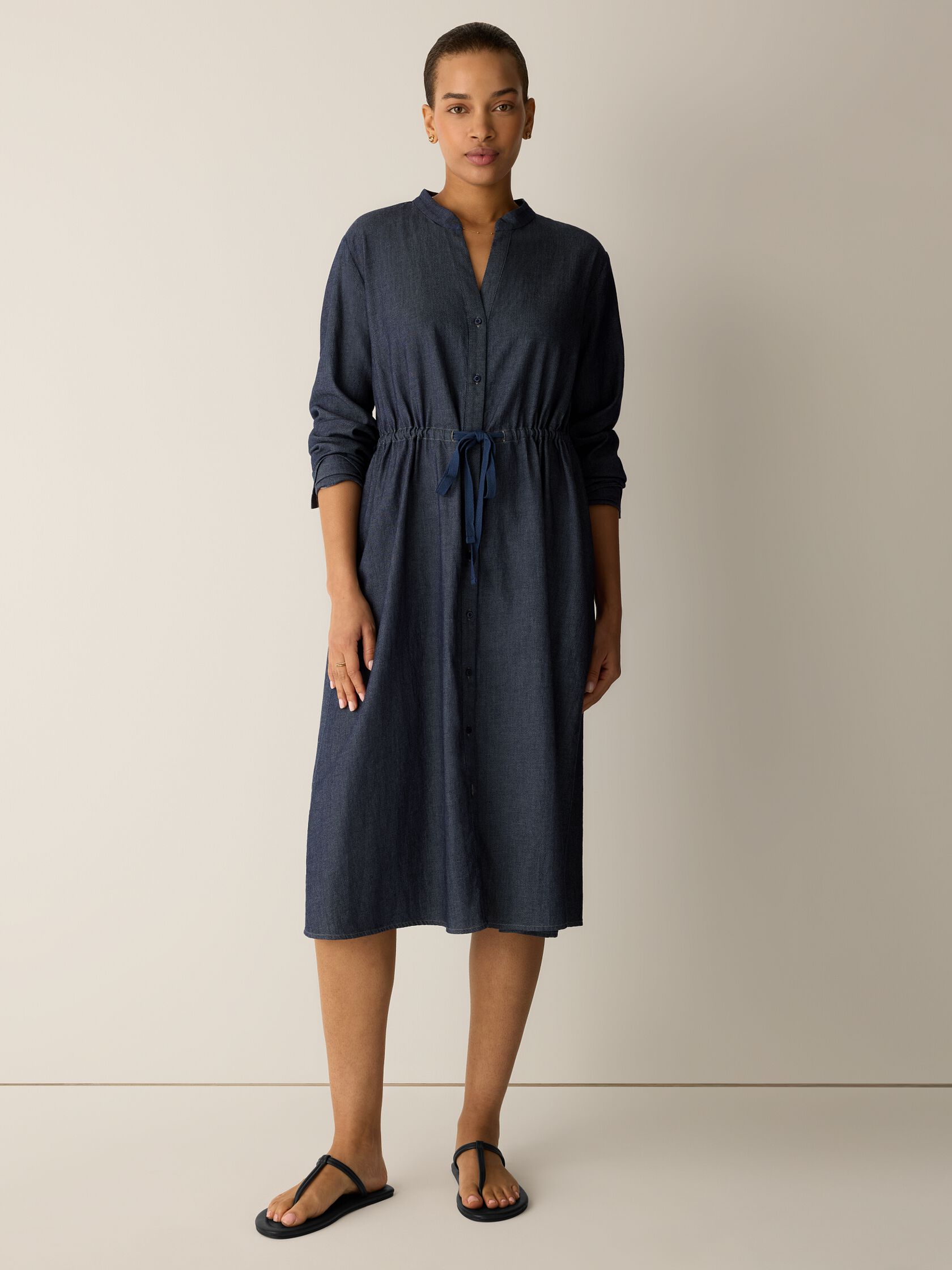 Airy Organic Cotton Twill Band Collar Shirtdress