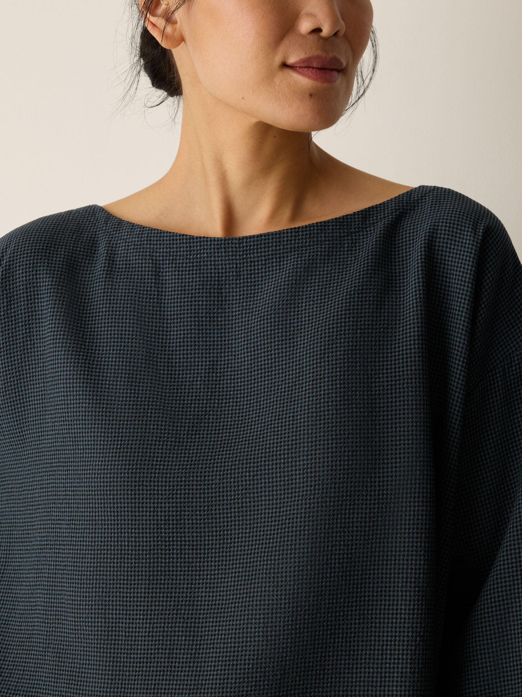 Mini Check Crepe Bateau Neck Box-Top