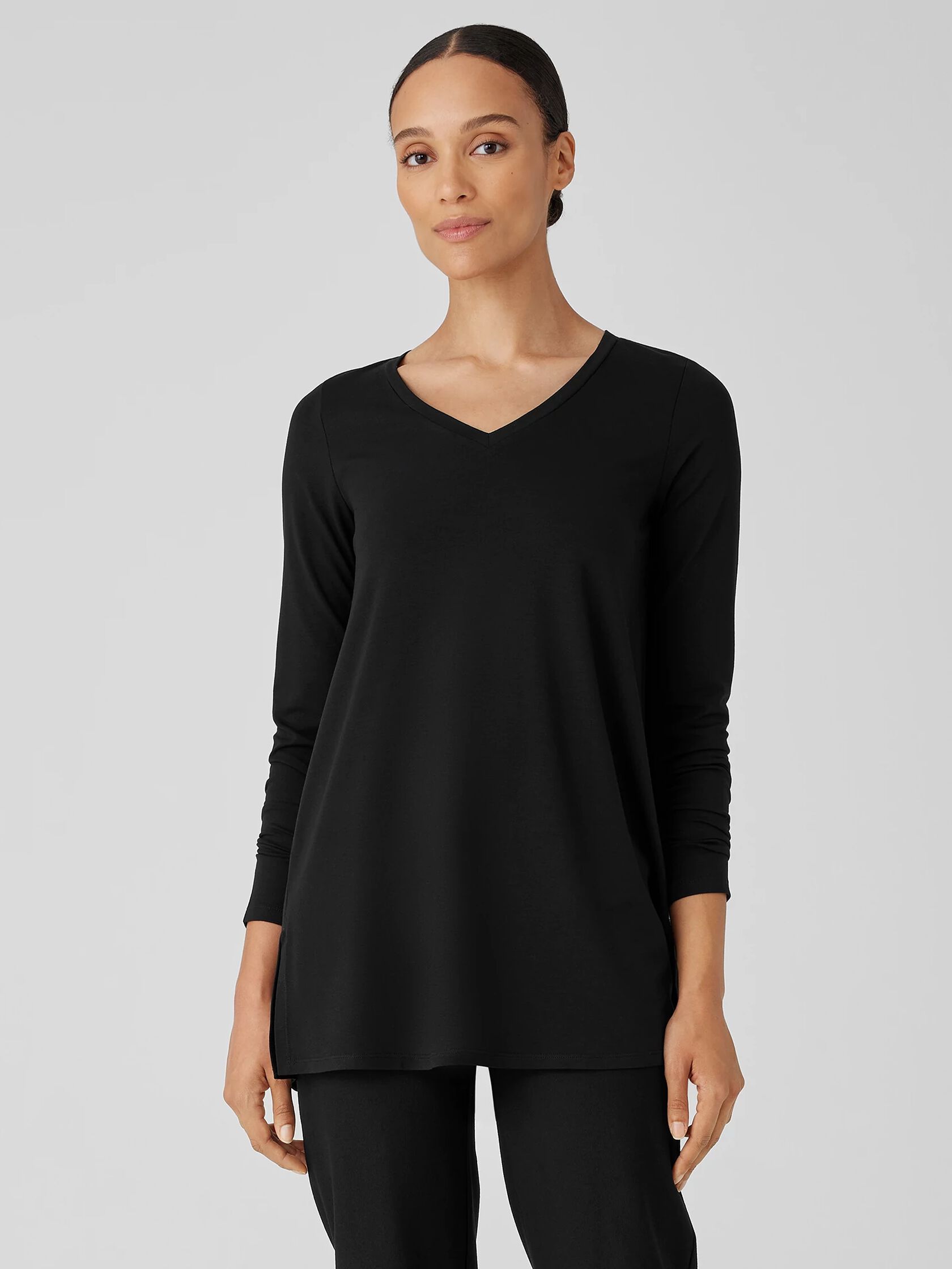 Stretch Jersey Knit V-Neck Long Top