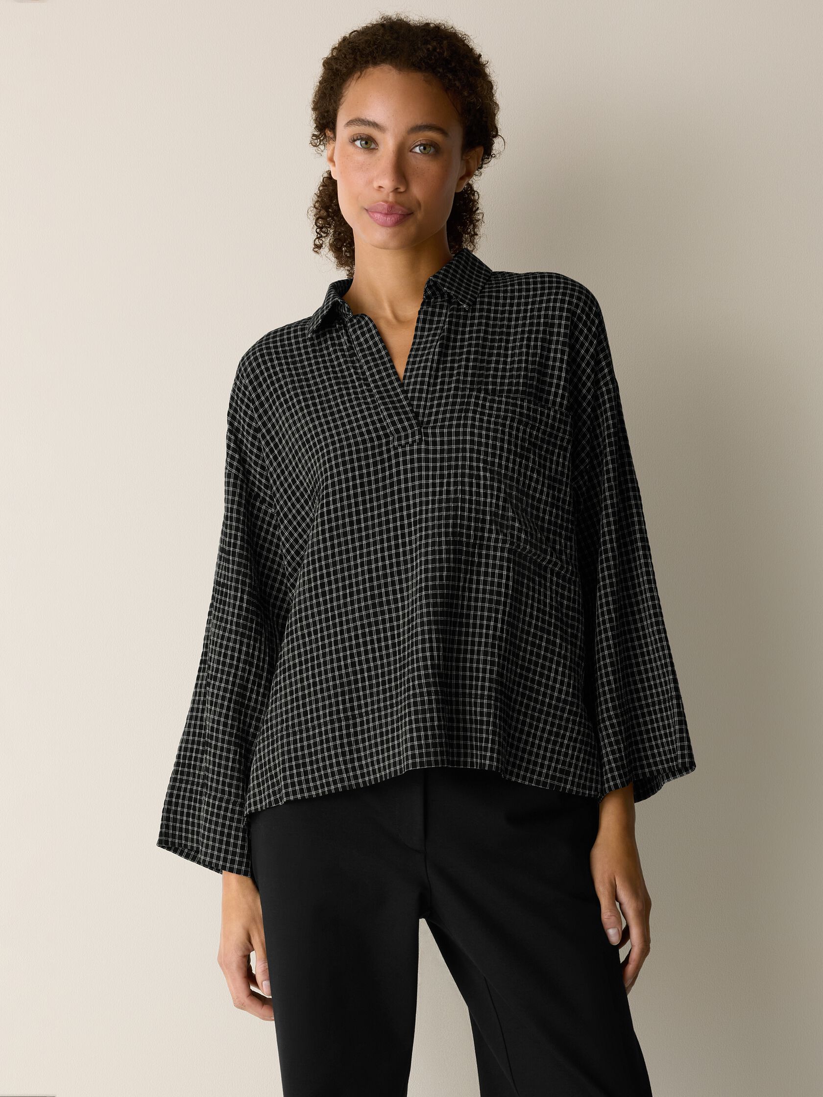 Windowpane Crinkle Weave Split Neck Shirt