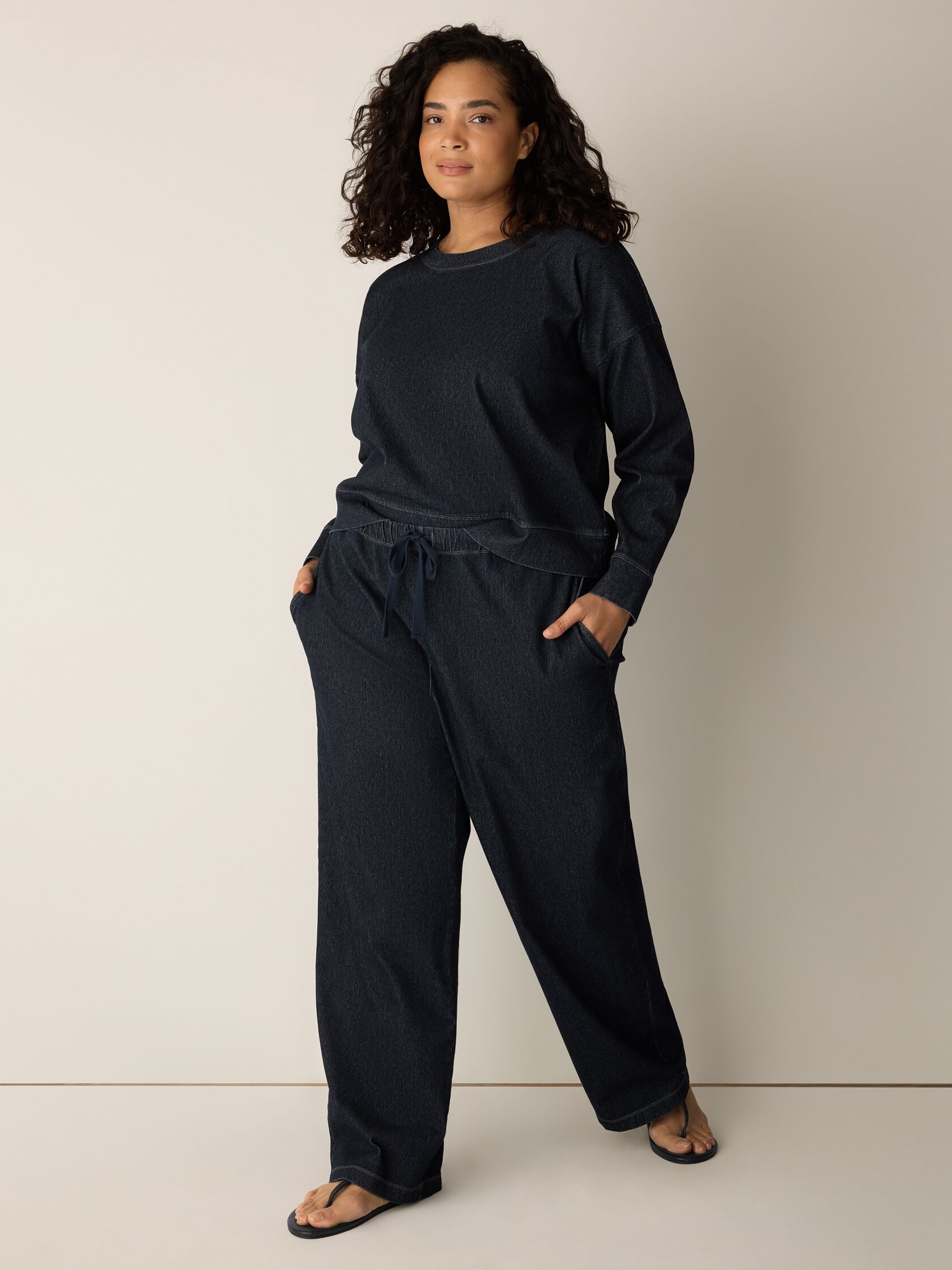 Cotton Indigo Knit Denim Full-Length Straight Pant