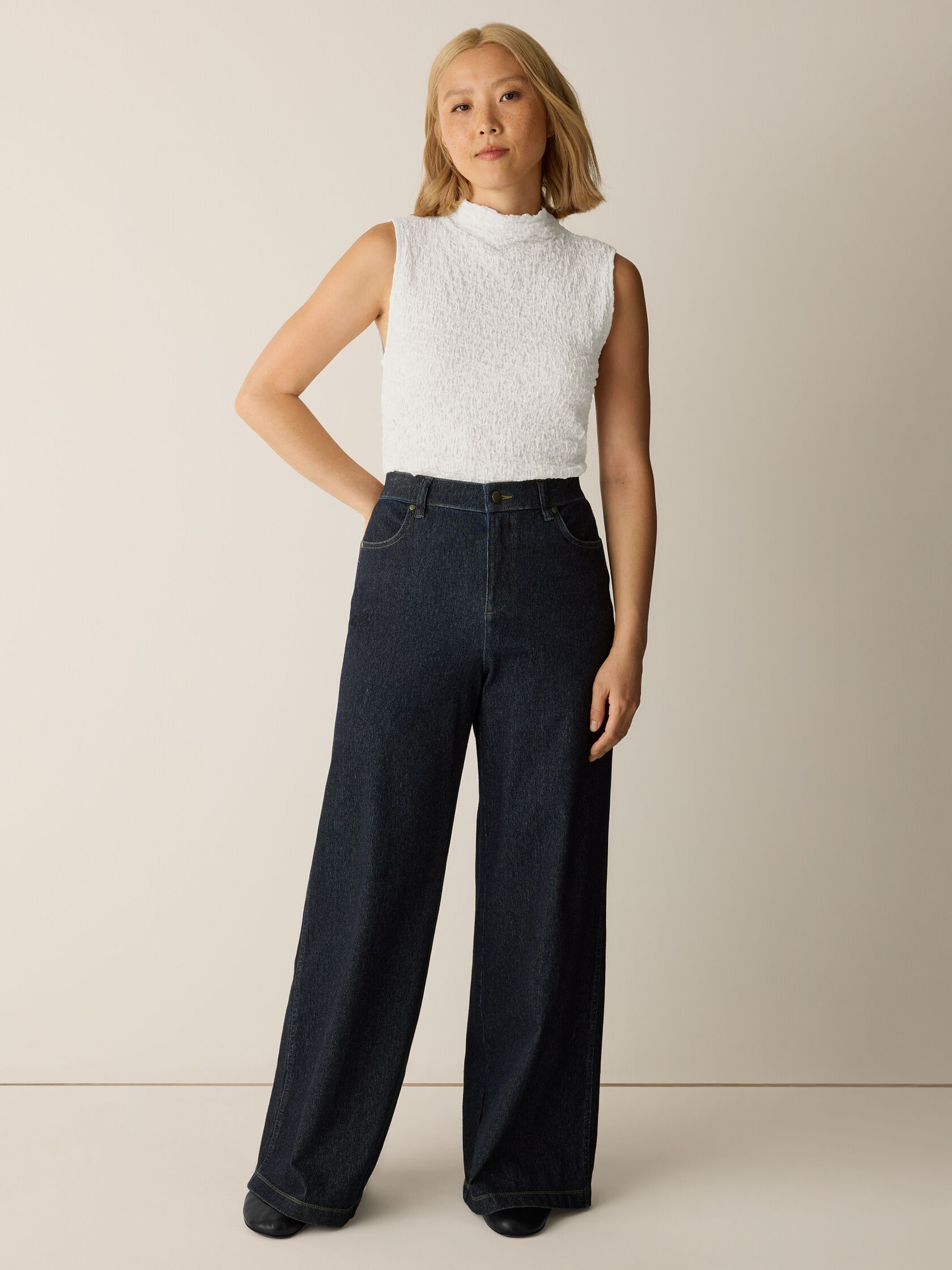 Cotton Indigo Knit Denim Wide-Leg Pant