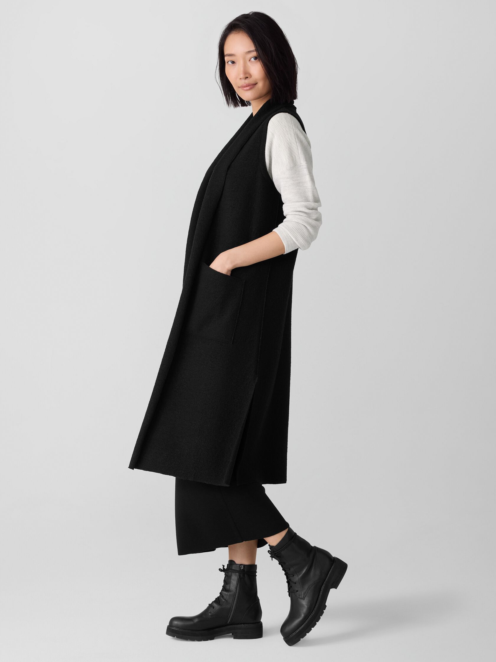 Lightweight Boiled Wool Shawl Collar Vest in Regenerative Wool