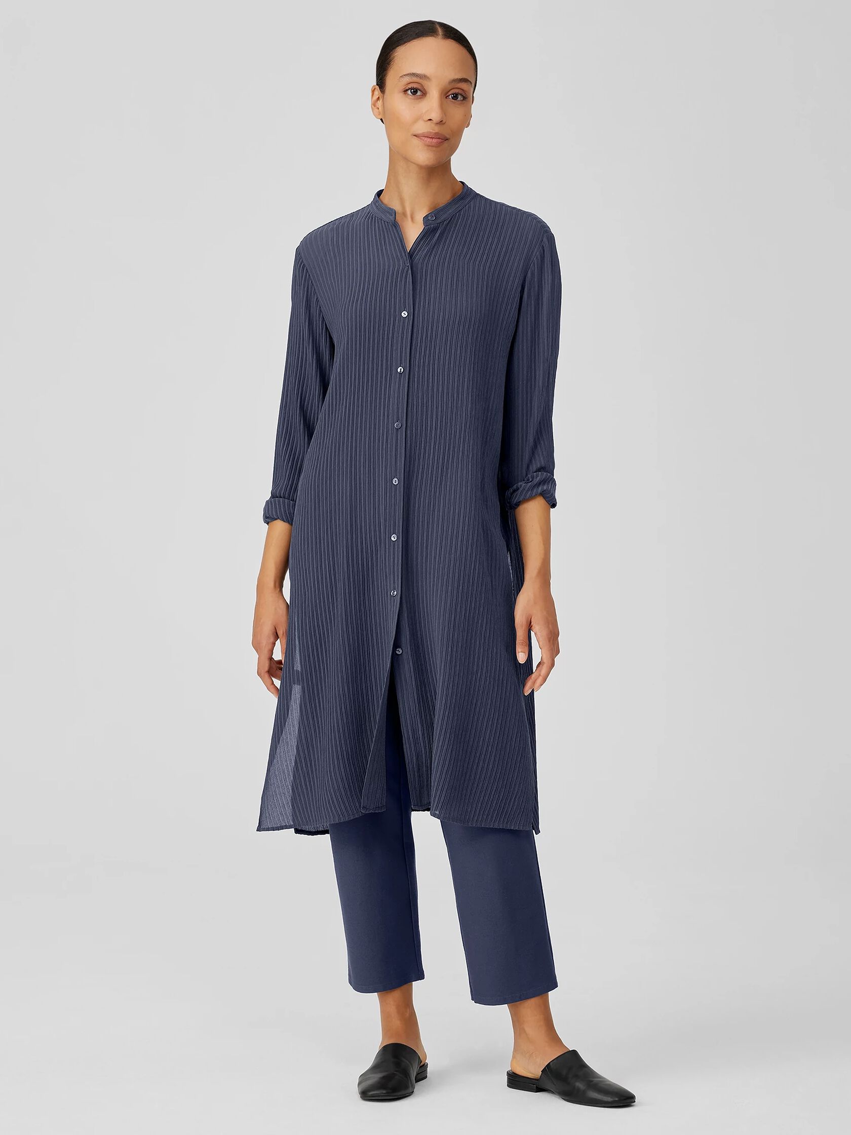Accordion Silk Jacquard Mandarin Collar Long Shirt
