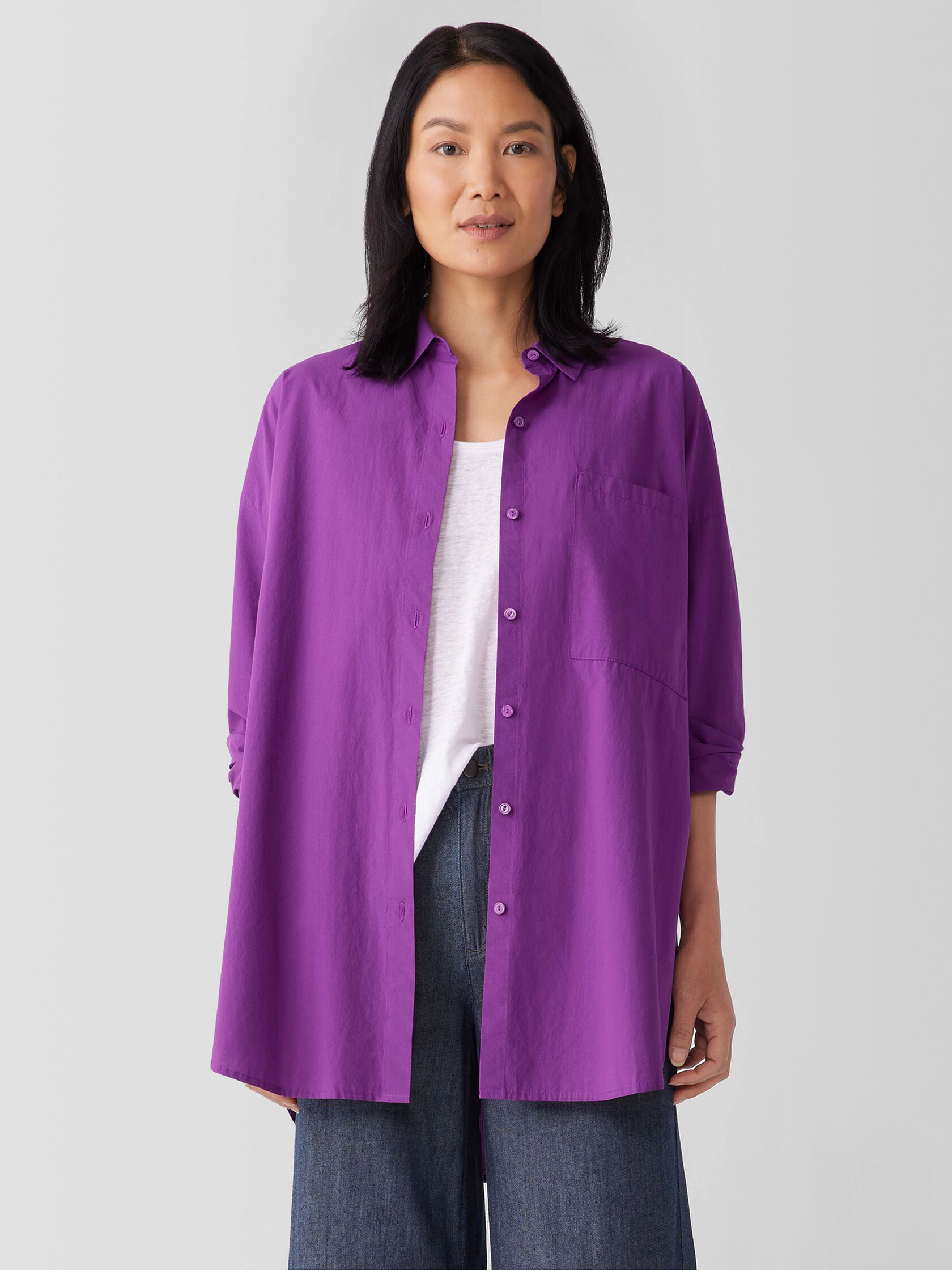Washed Organic Cotton Poplin Classic Collar Long Shirt