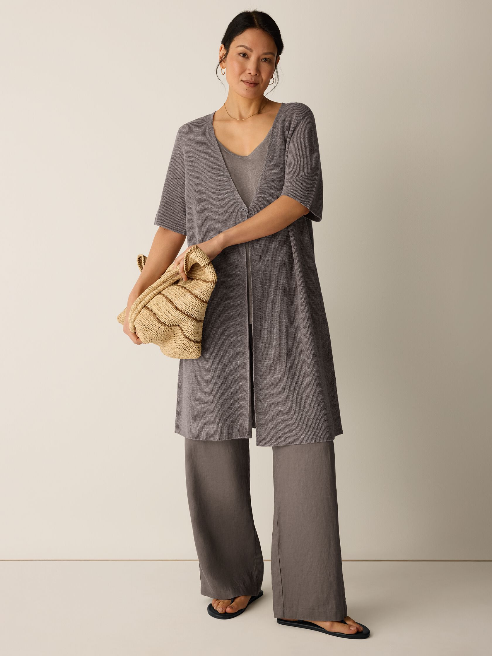Organic Linen D&eacute;lav&eacute; V-Neck Long Cardigan