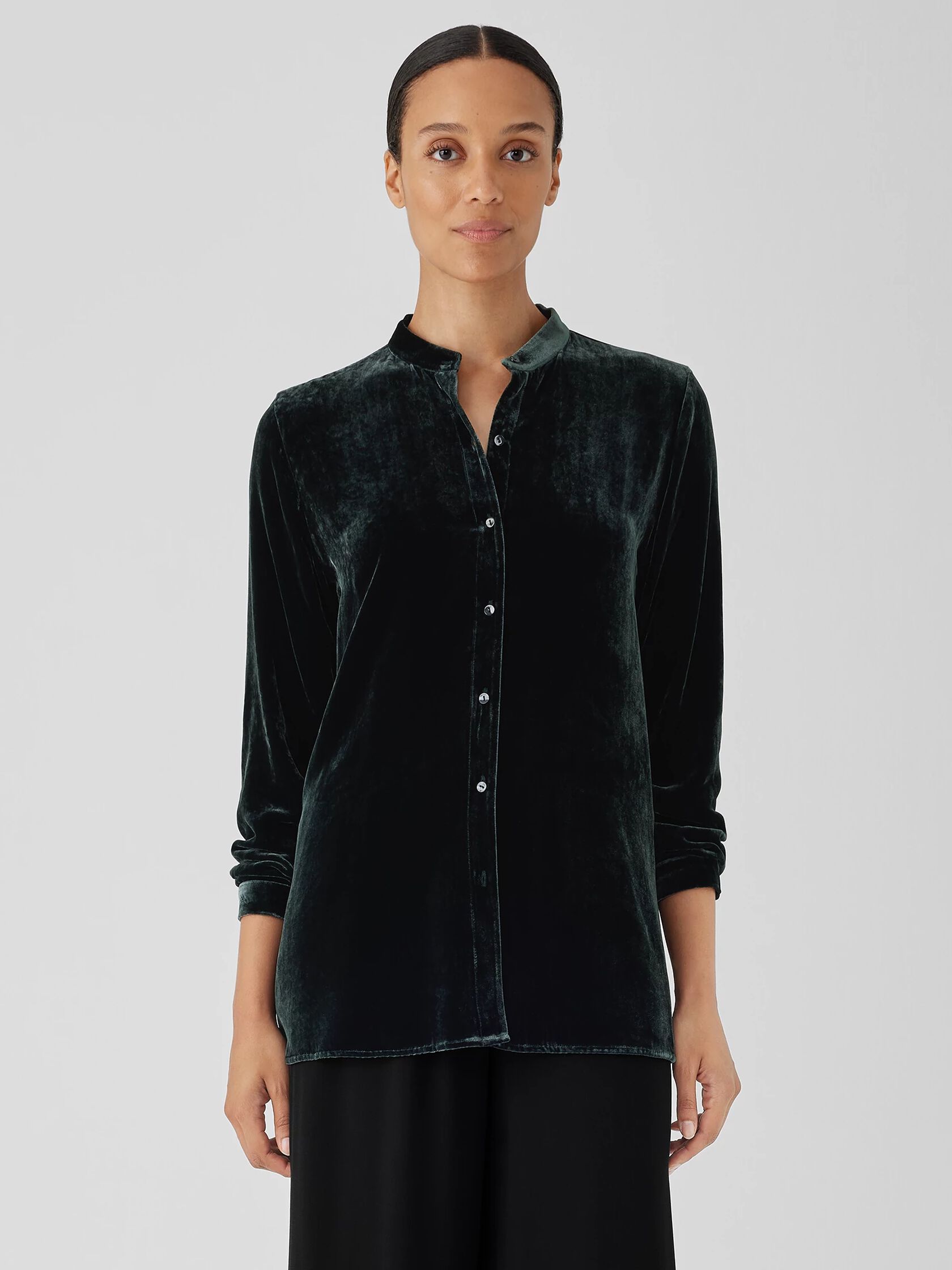 Velvet Band Collar Long Shirt