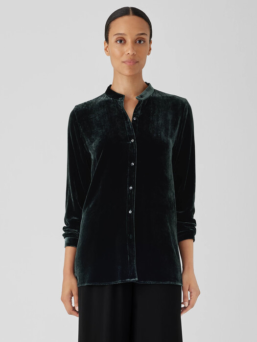 Velvet Band Collar Long Shirt