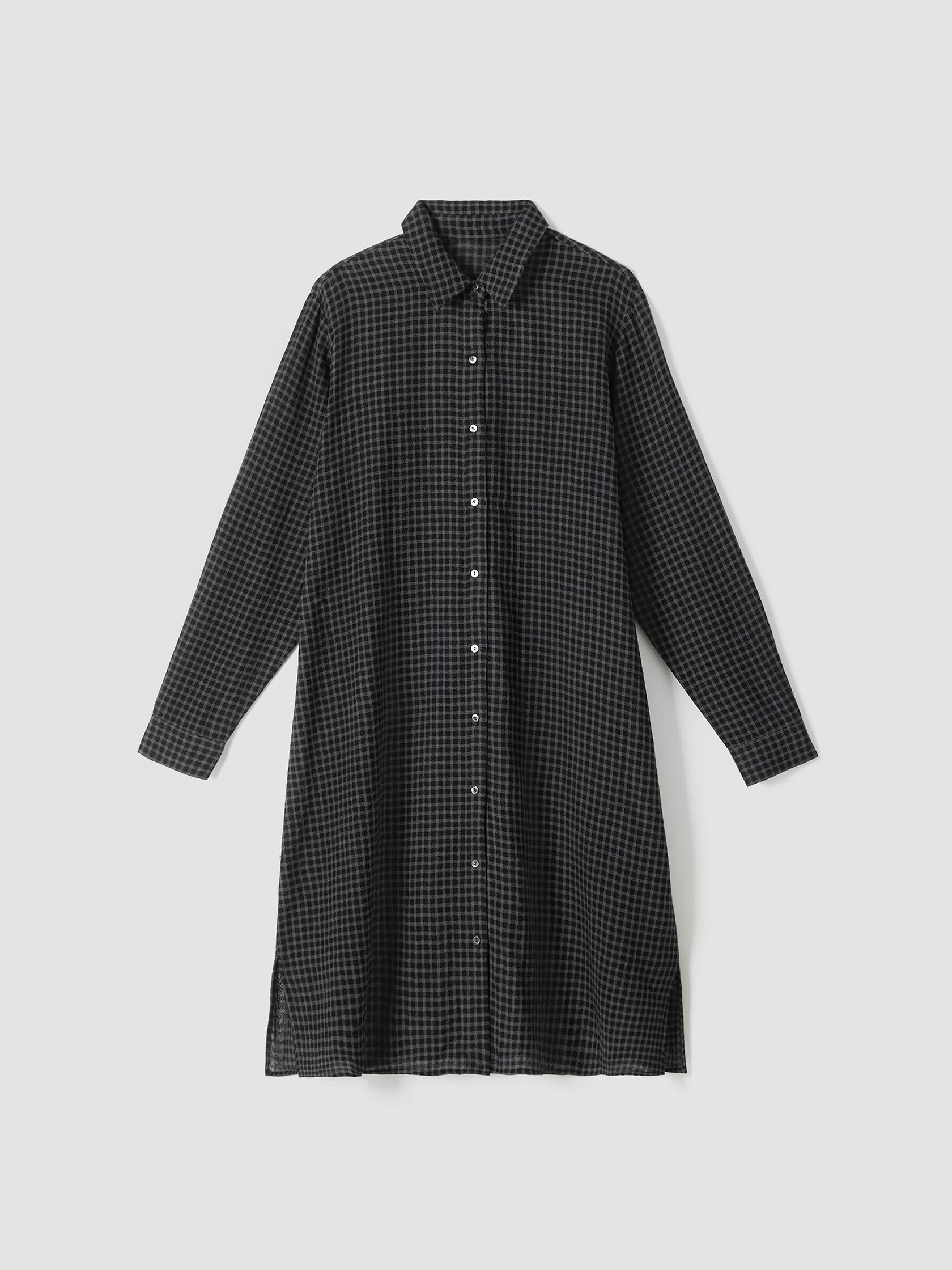 Wool Cotton Check Classic Collar Shirtdress