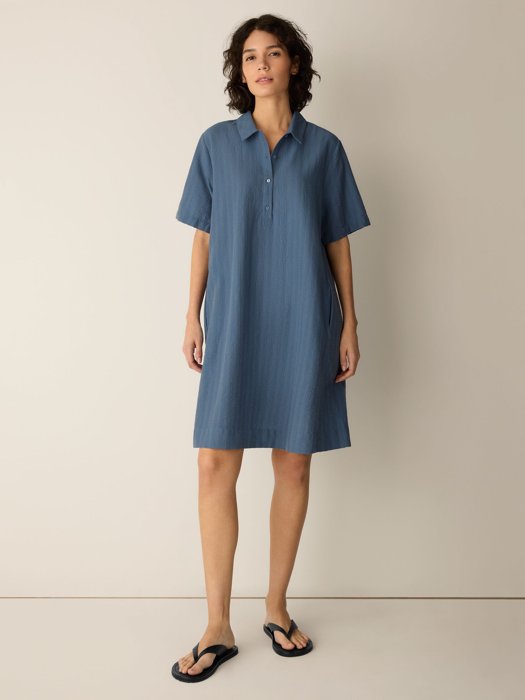 Cotton Blend Stripe Stitch Classic Collar Dress