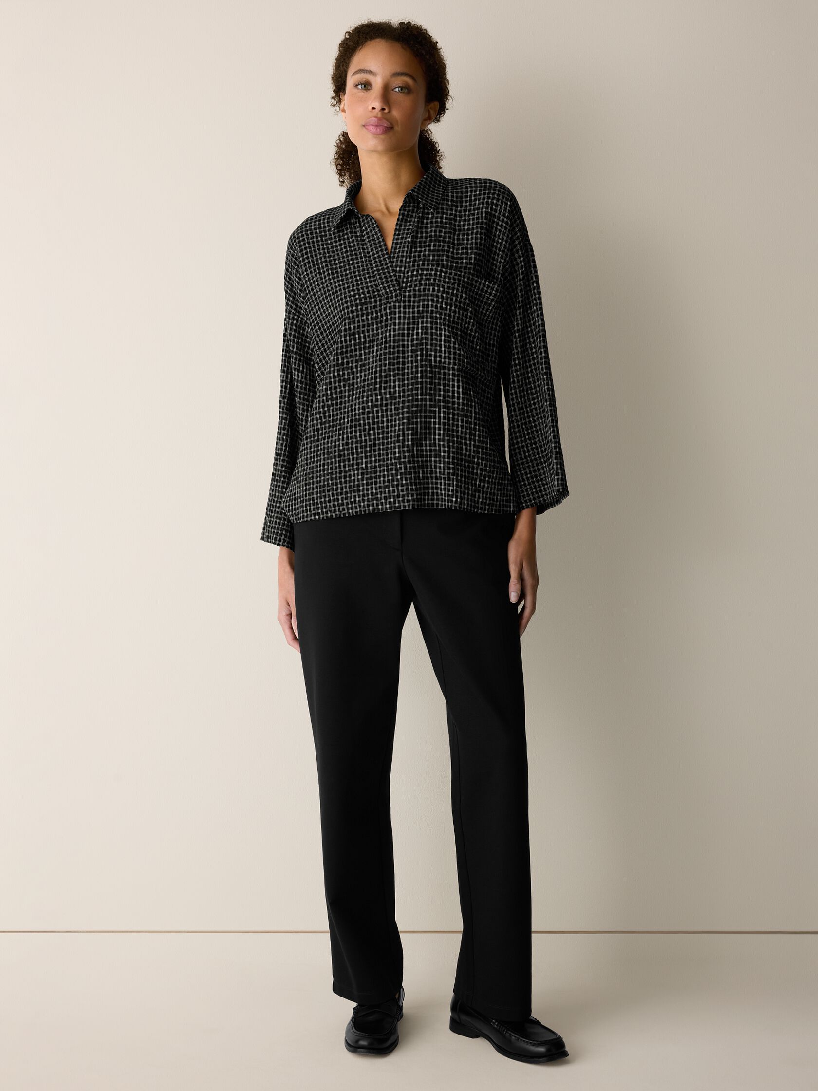 Windowpane Crinkle Weave Split Neck Shirt