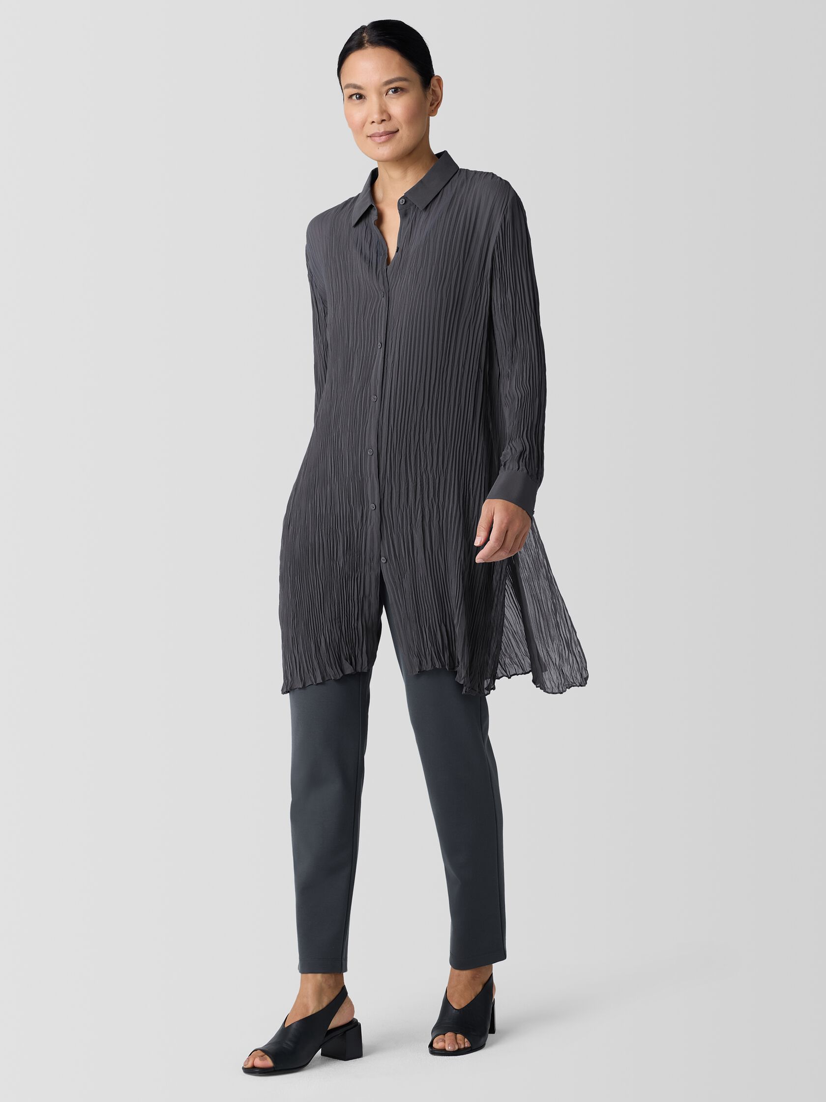 Crinkled Sheer Silk Georgette Long Shirt