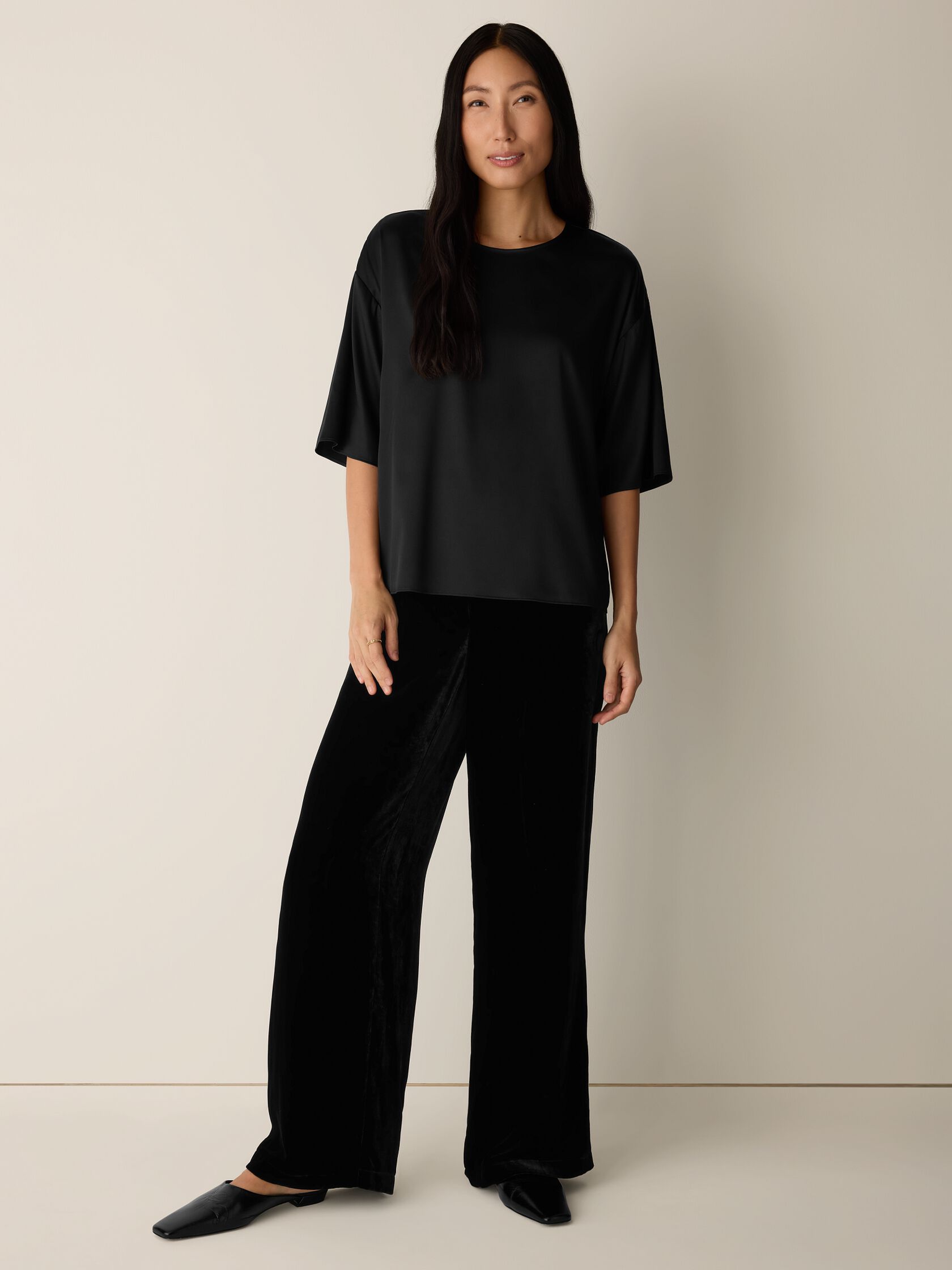 Stretch Silk Charmeuse Round Neck Top