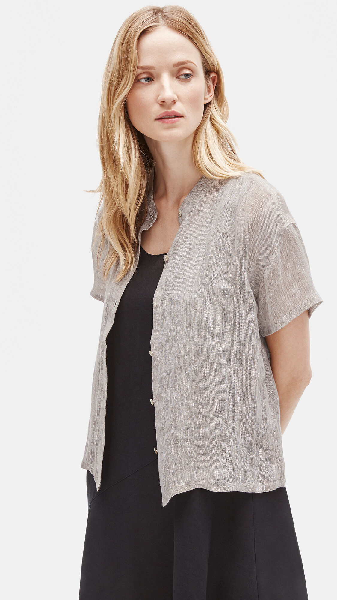 【COSYHARU】Plune Linen Shirt Hemp Organic Cotton Grid Mandarin Collar Shirt | EILEEN FISHER