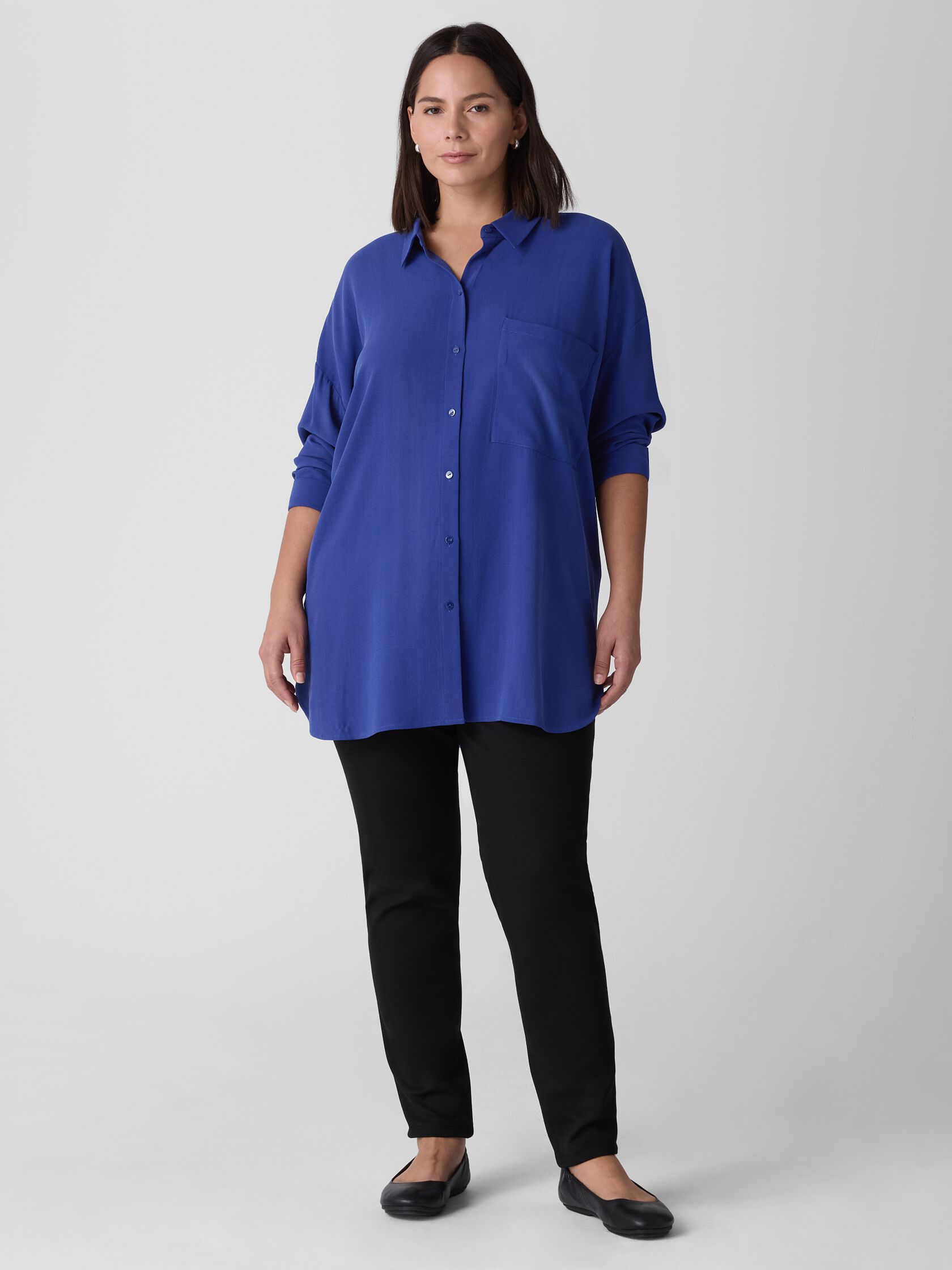 Silk Georgette Crepe Classic Collar Long Shirt