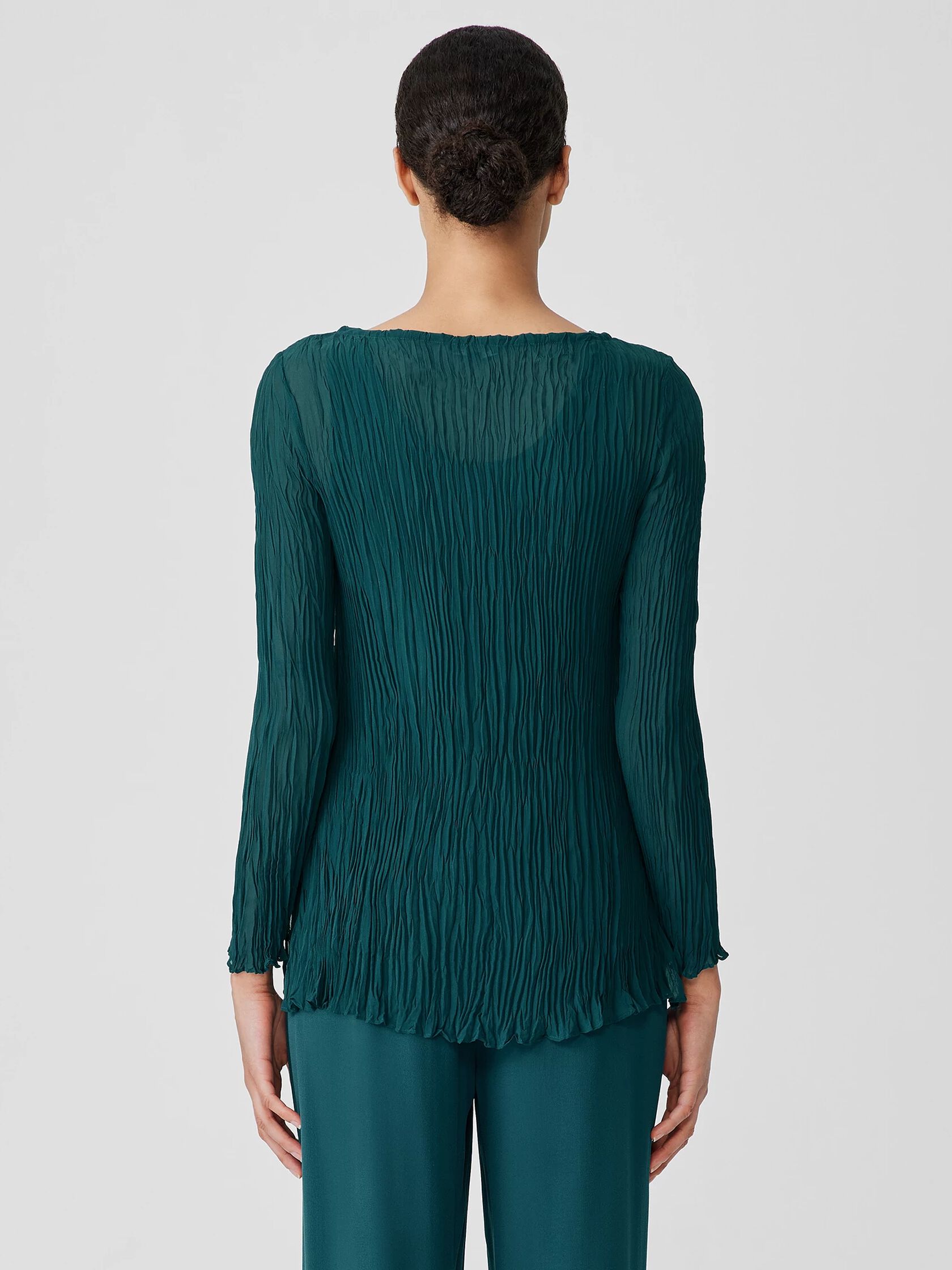 Crinkled Sheer Silk Georgette Bateau Neck Long Top