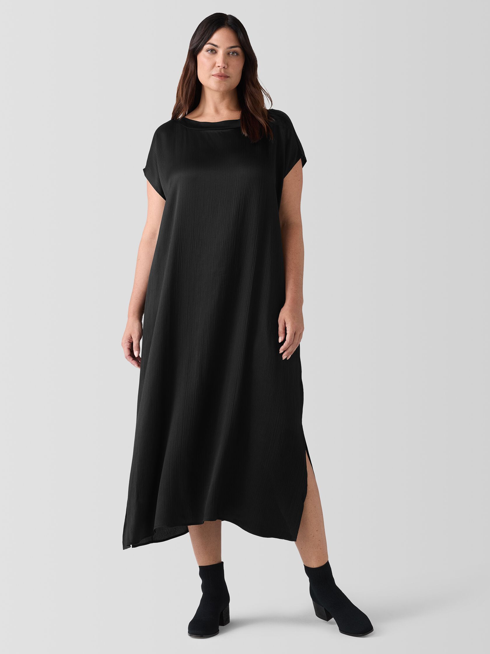 Striated Silk Satin Bateau Neck Dress