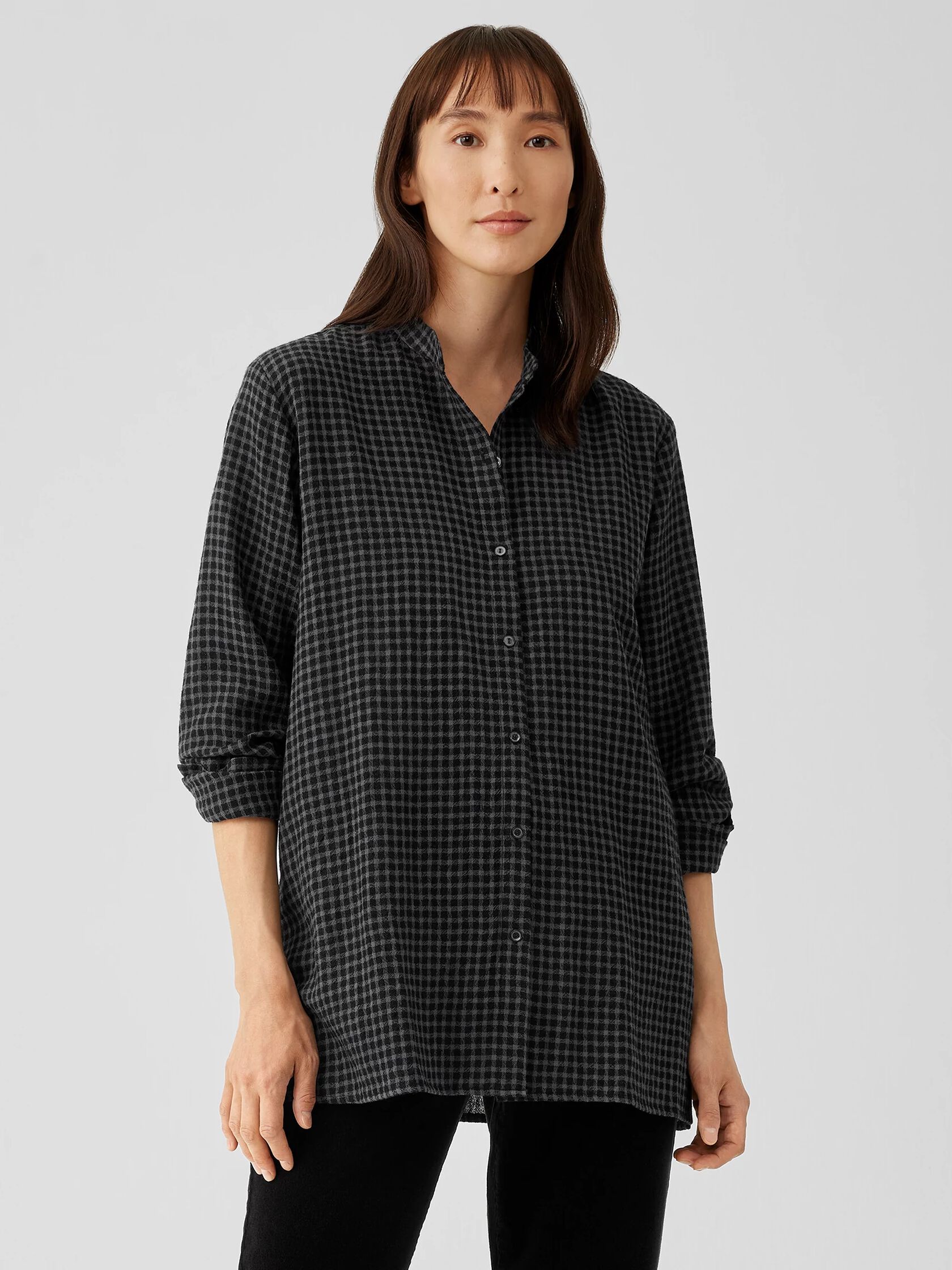 Wool Cotton Check Mandarin Collar Long Shirt