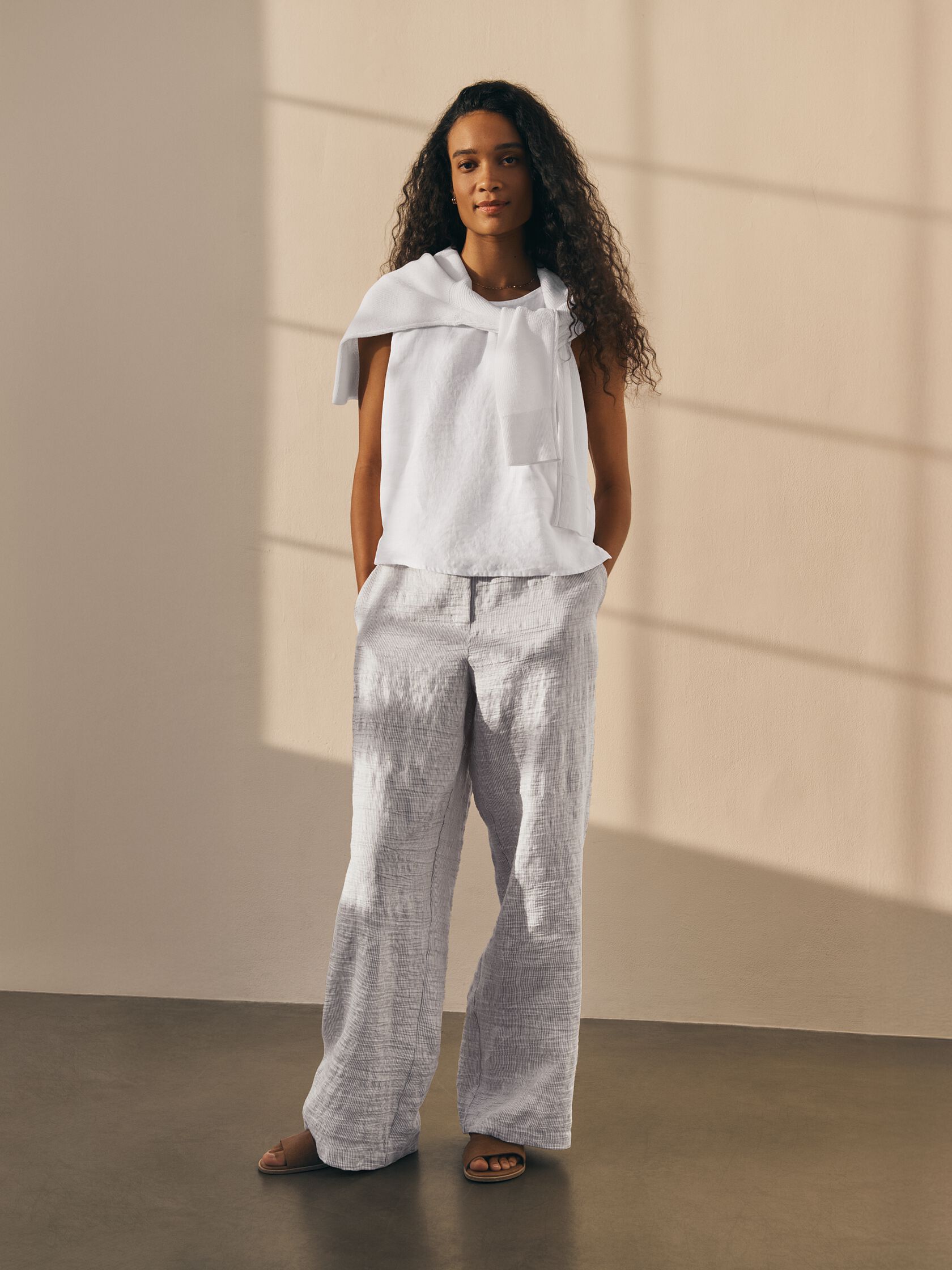 Striped Linen Nylon Sheen Full-Length Trouser Pant