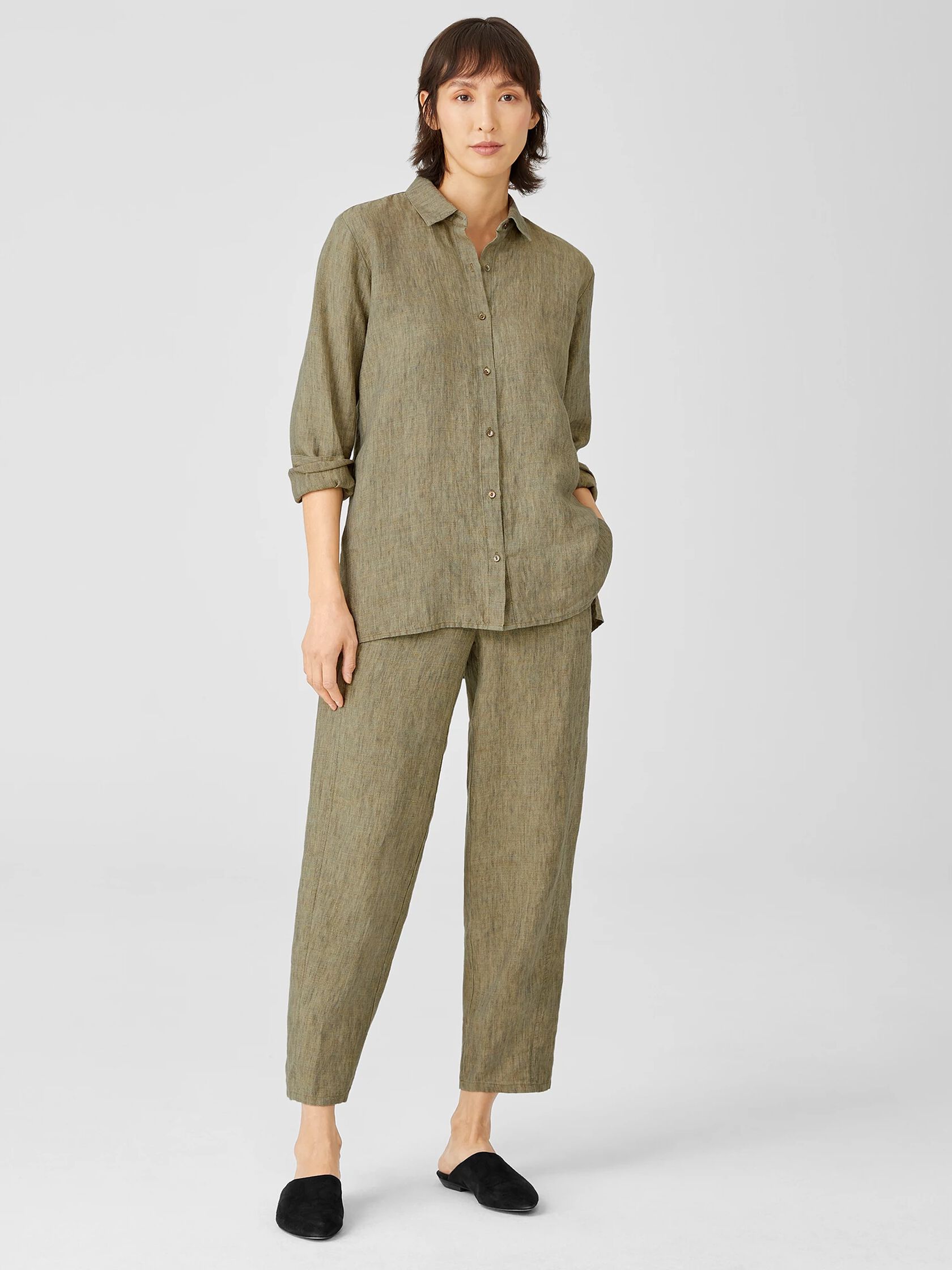 Washed Organic Linen Delave Classic Collar Shirt | EILEEN FISHER