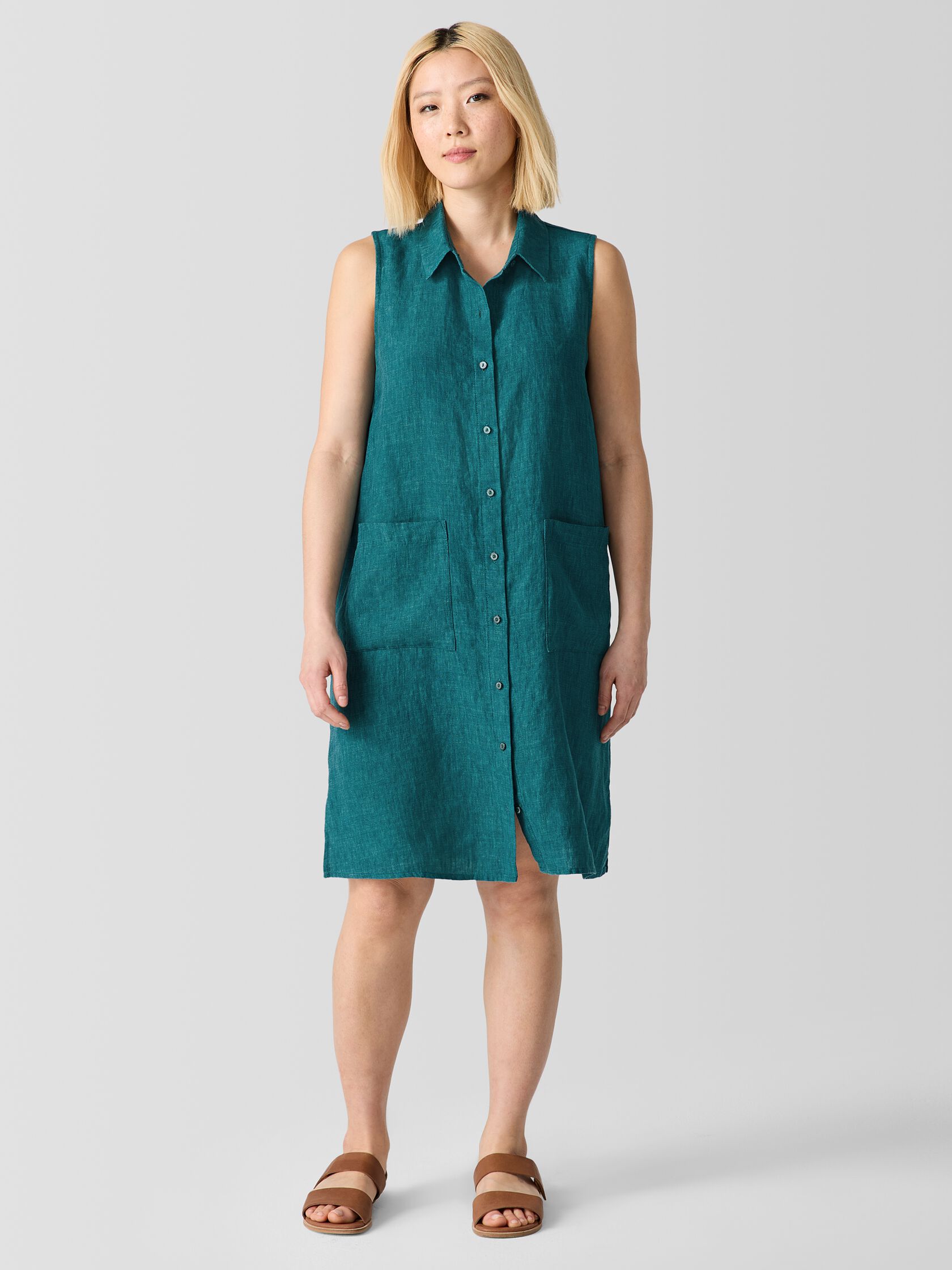 Washed Organic Linen Délavé Sleeveless Shirtdress