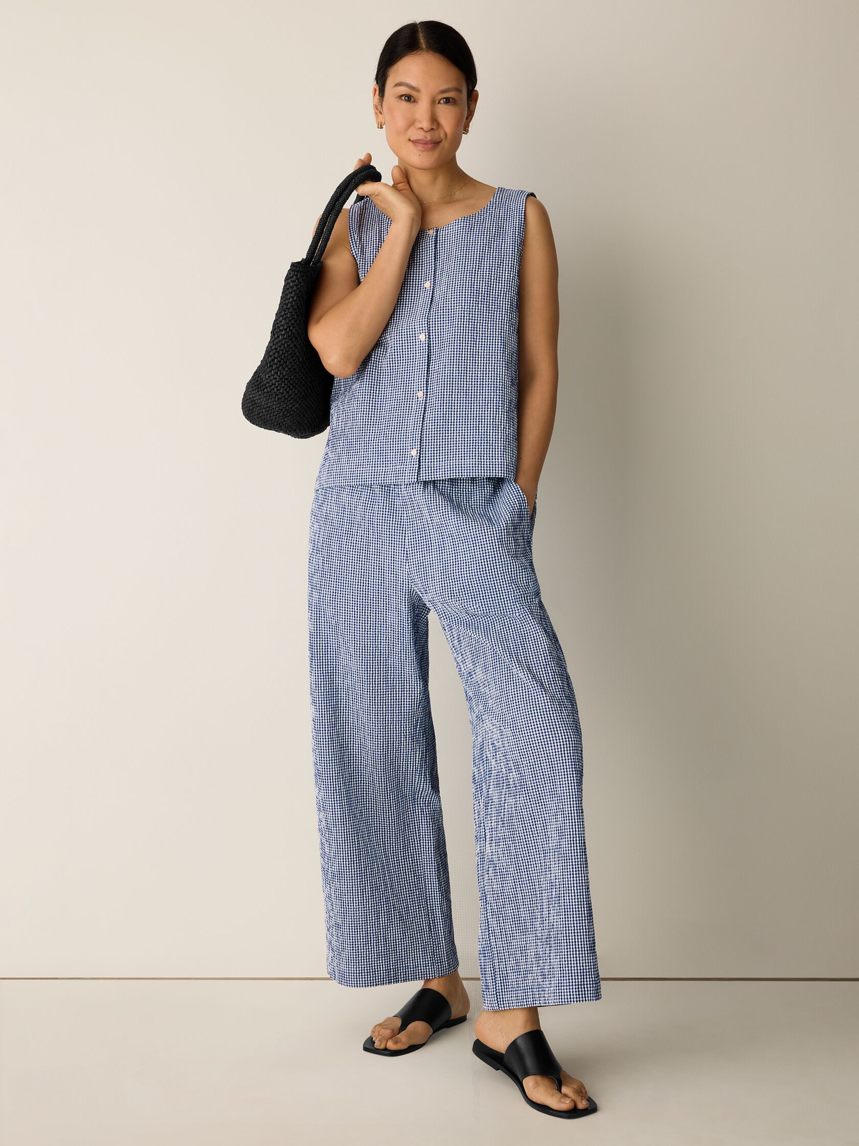 Organic Cotton Pucker Check Wide-Leg Pant