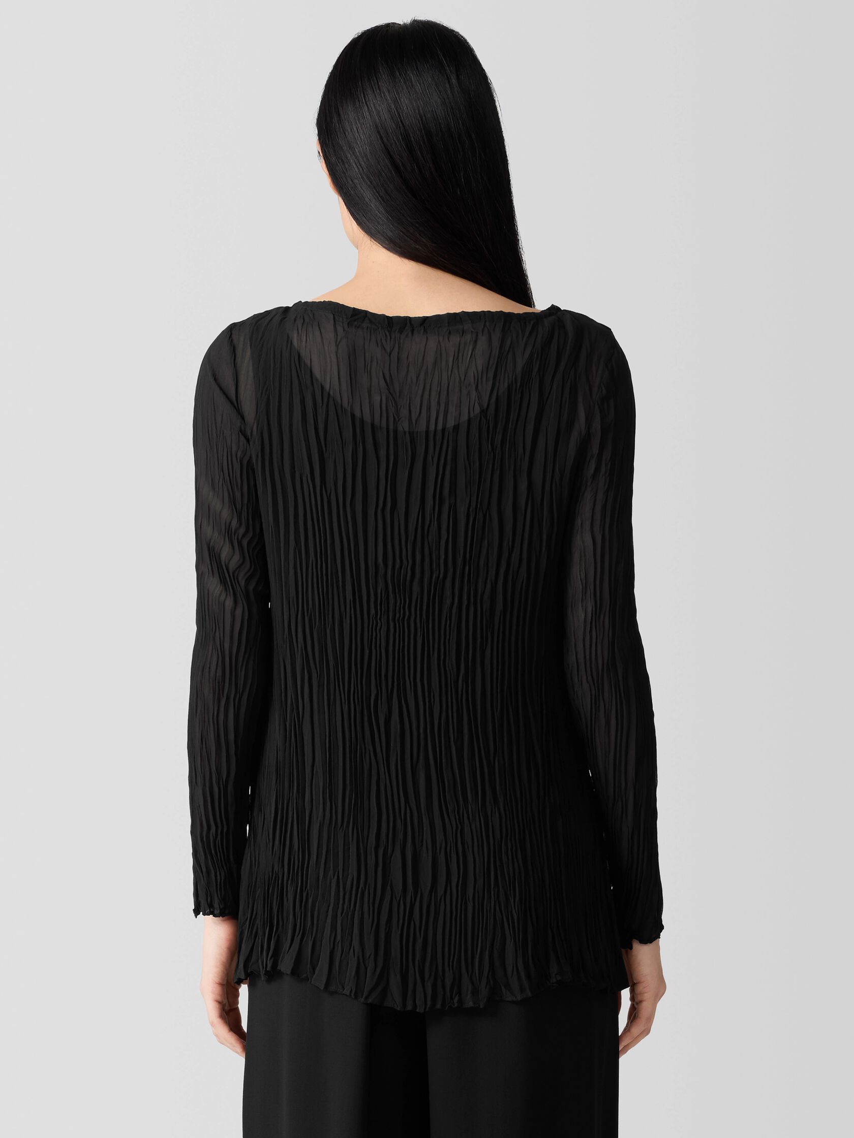 Crinkled Sheer Silk Georgette Bateau Neck Long Top