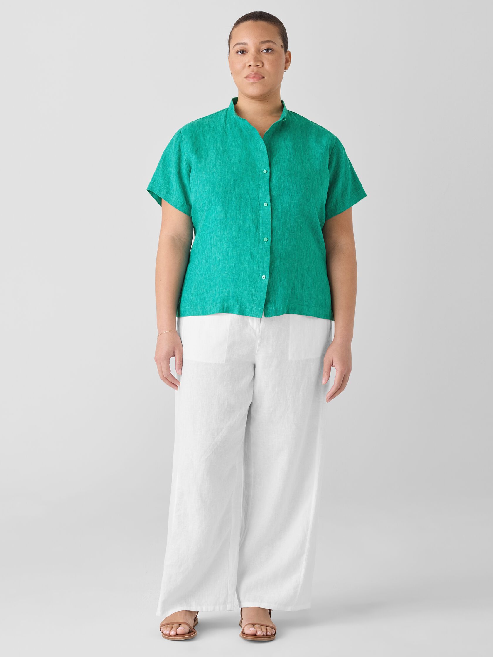 Washed Organic Linen Délavé Band Collar Shirt