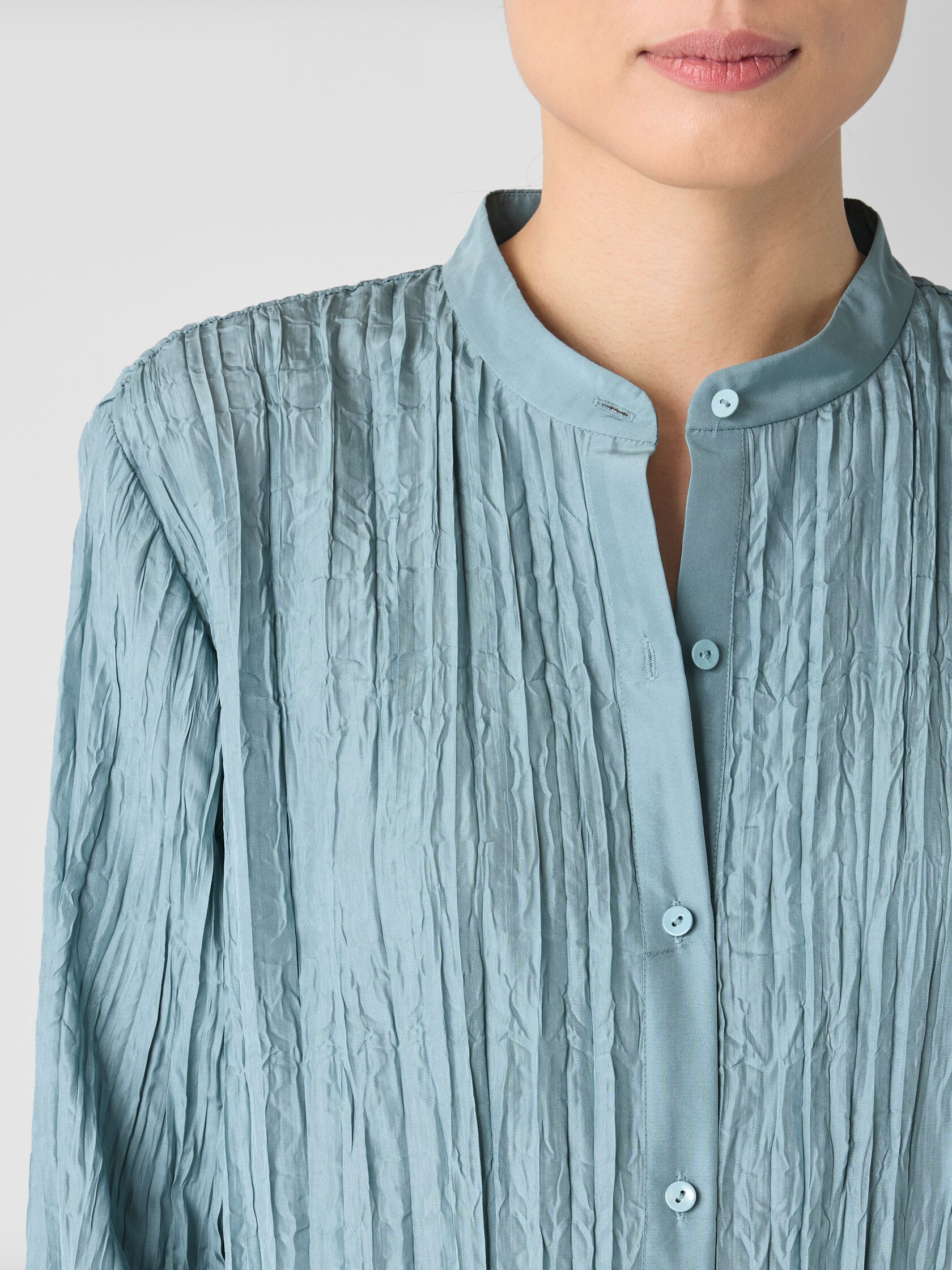 Crushed Silk Band Collar Long Shirt