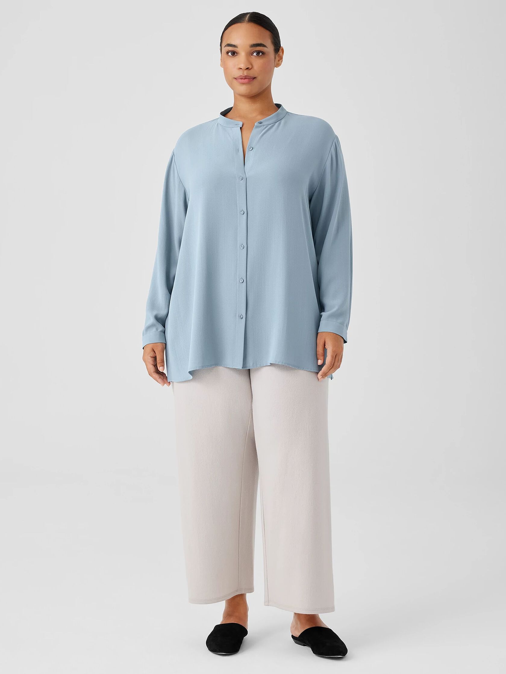 Silk Georgette Crepe Mandarin Collar Shirt