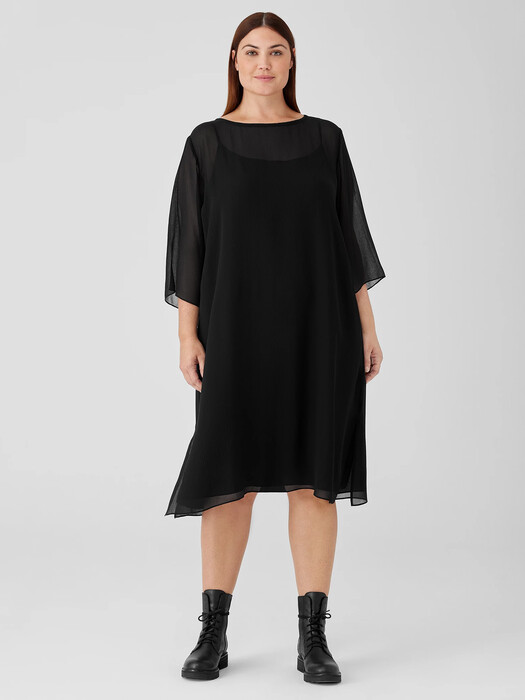 Crinkled Sheer Silk Bateau Neck Dress