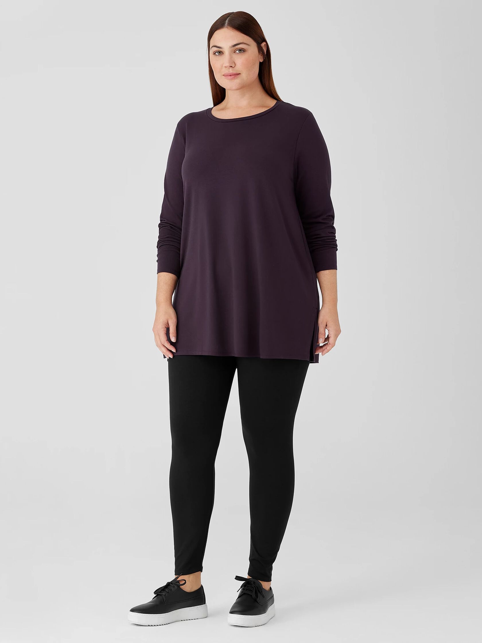 Stretch Jersey Knit Crew Neck Long Top