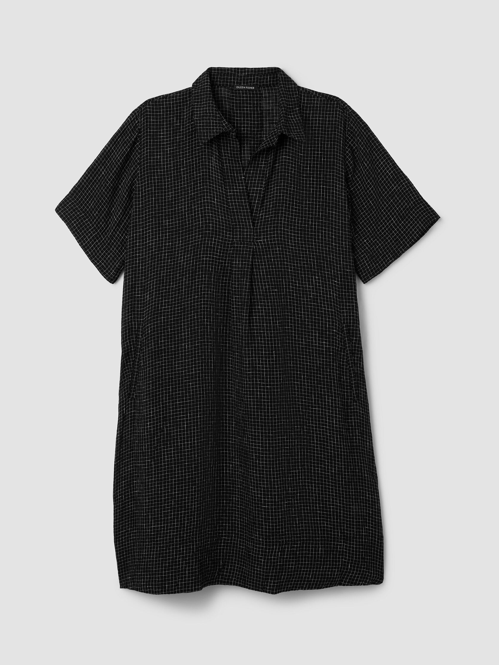 Puckered Organic Linen Grid Classic Collar Dress