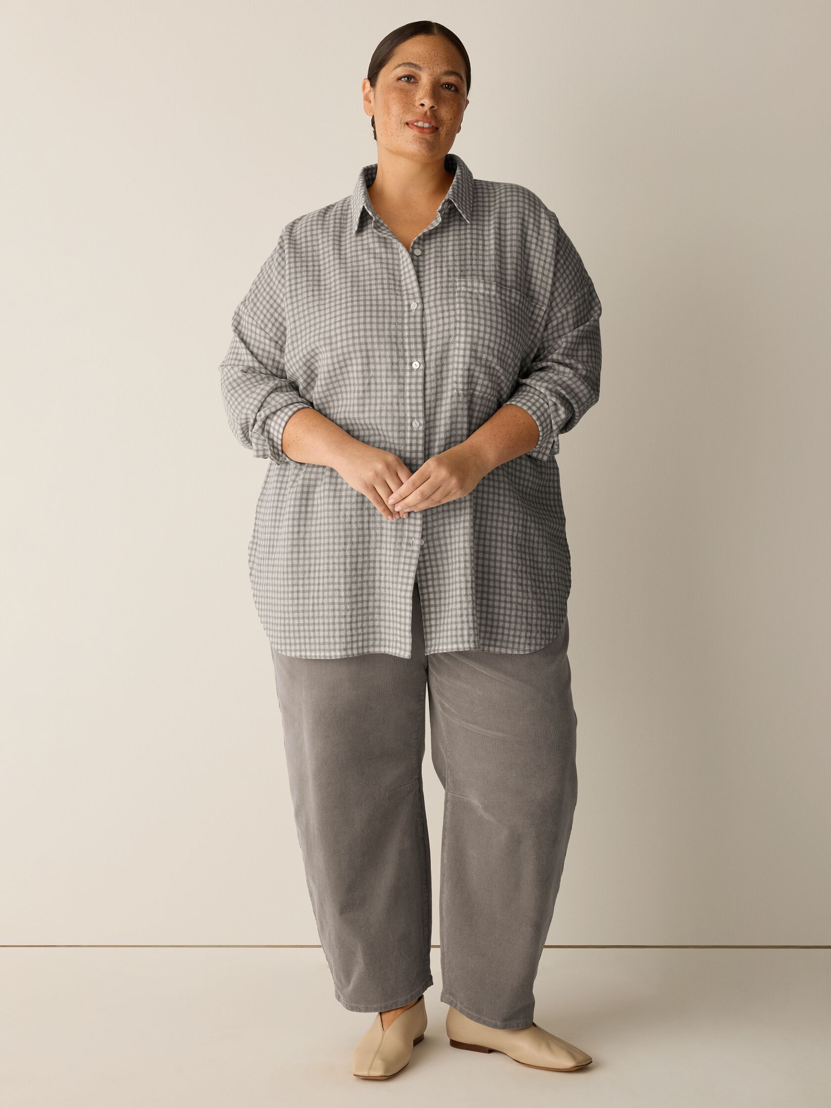 Wool Cotton Check Classic Collar Long Shirt