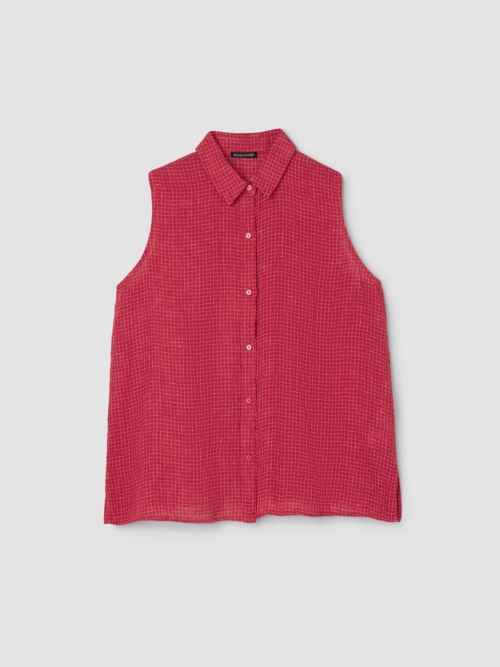 Puckered Organic Linen Grid Sleeveless Shirt