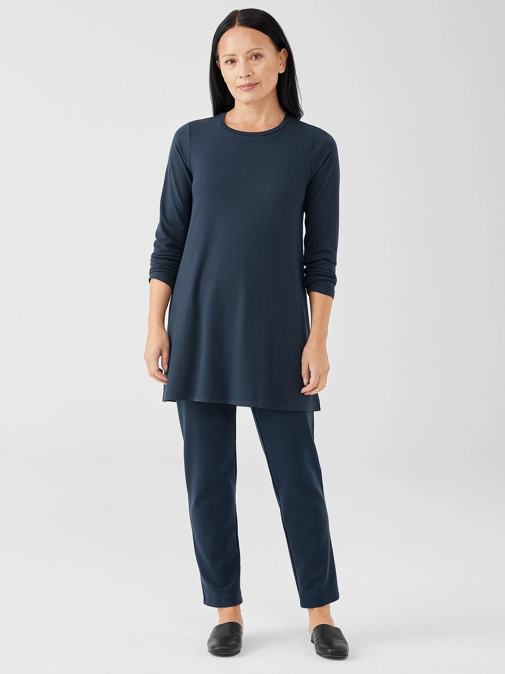 Stretch Jersey Knit Crew Neck Long Top