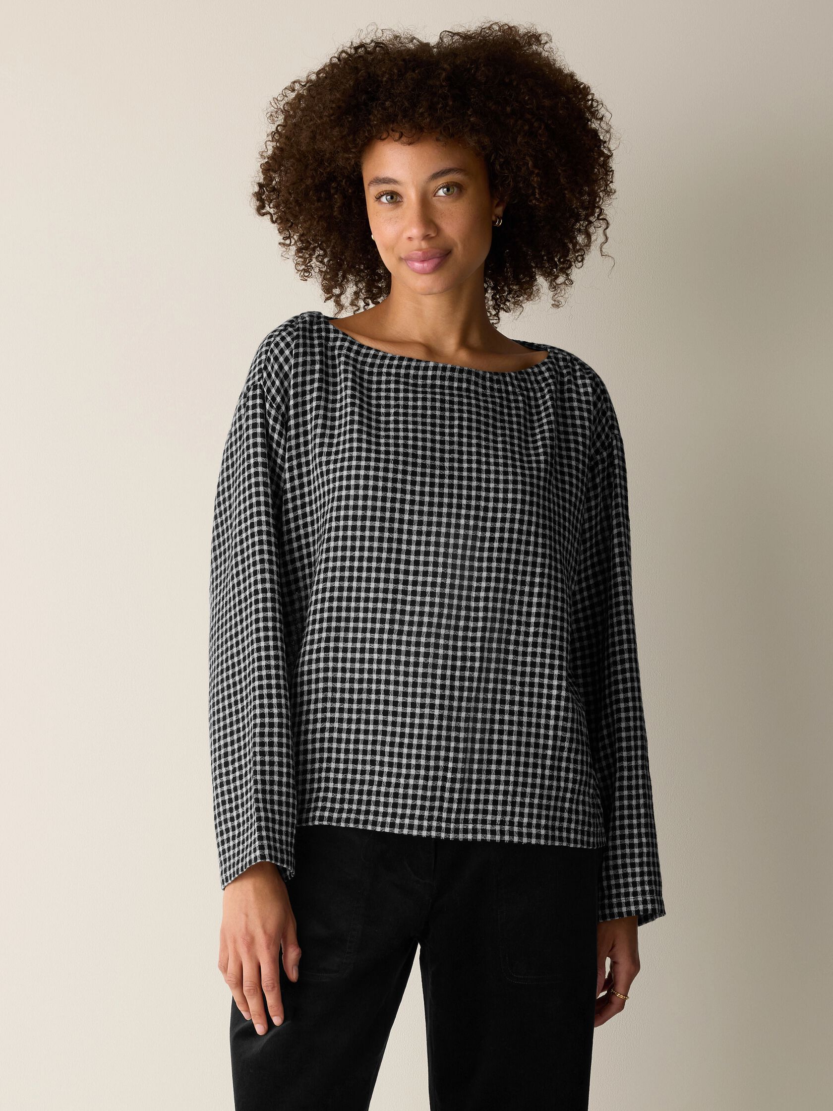Wool Cotton Check Bateau Neck Top