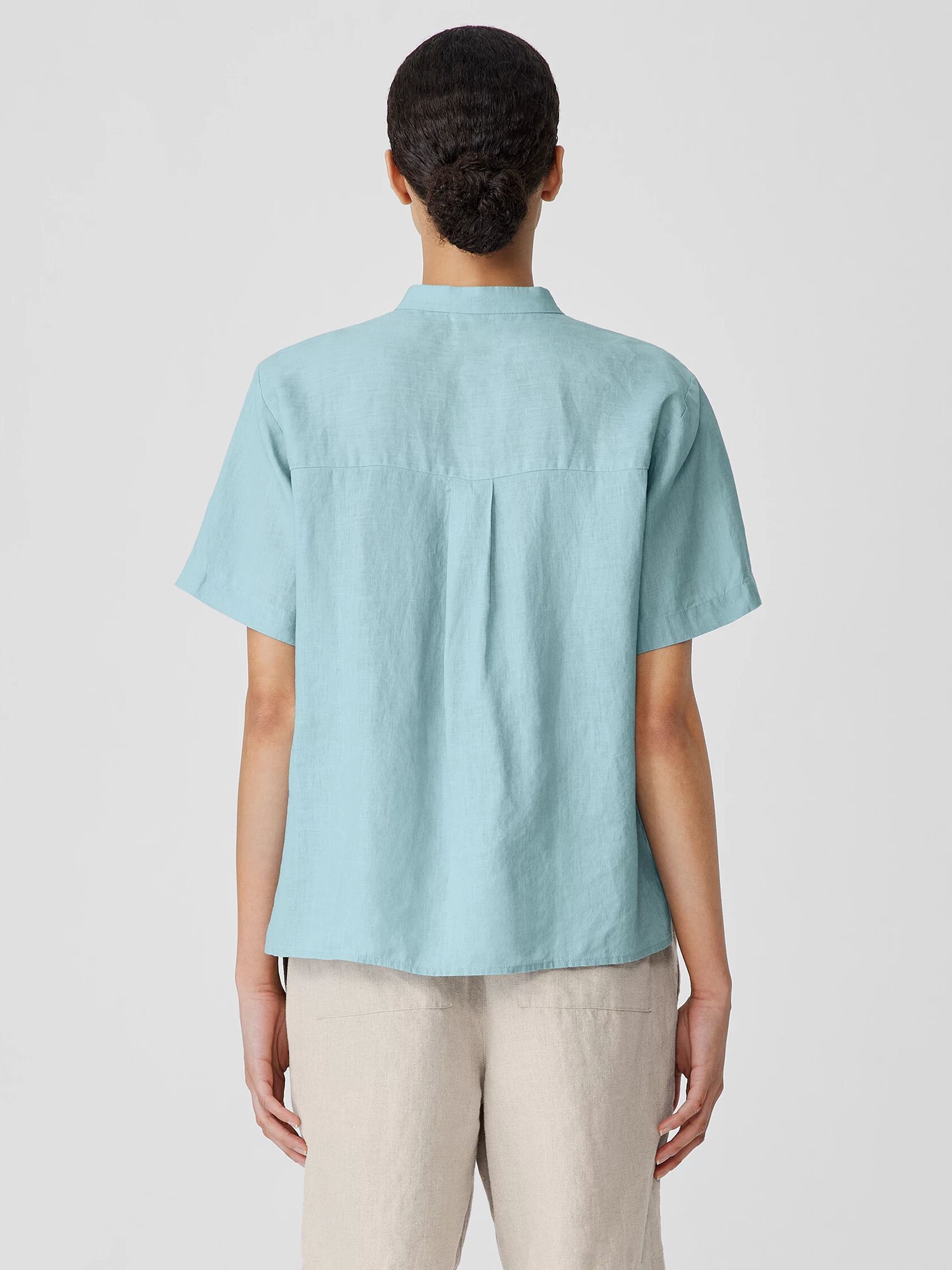 Organic Handkerchief Linen Band Collar Short-Sleeve Shirt