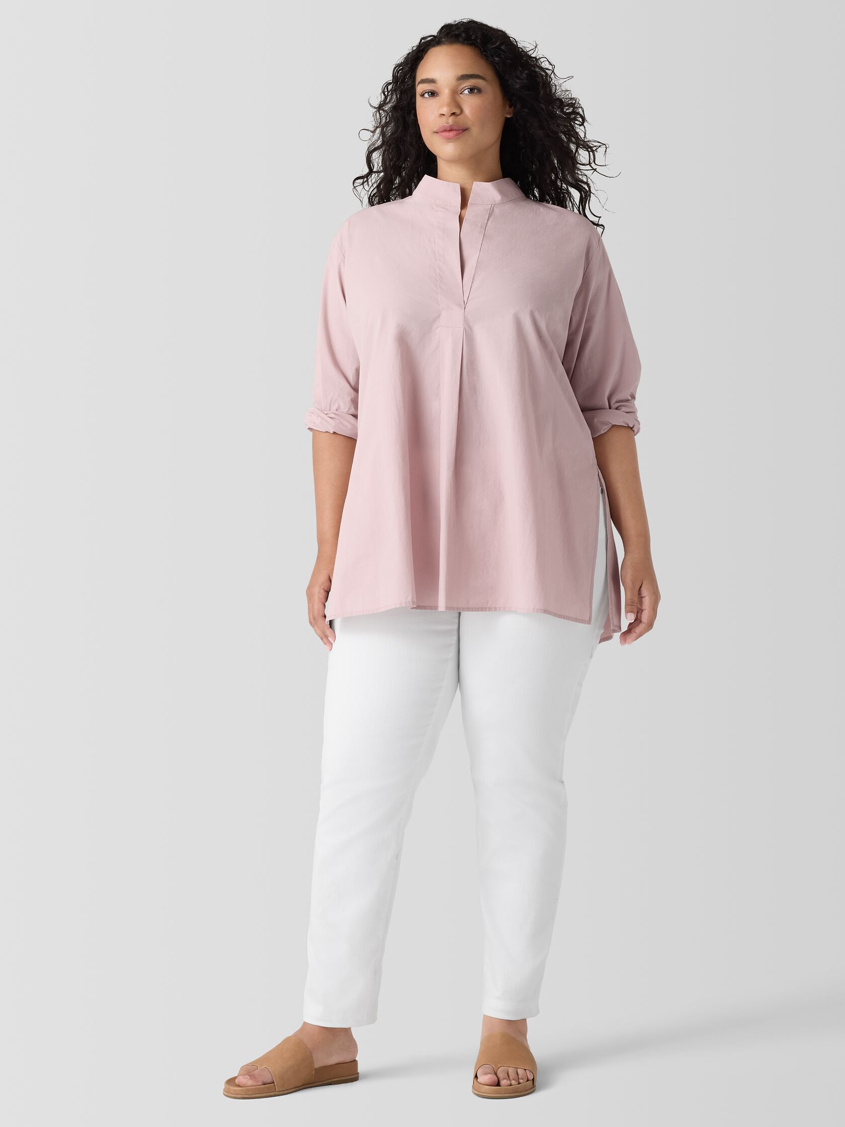 Washed Organic Cotton Poplin Stand Collar Top