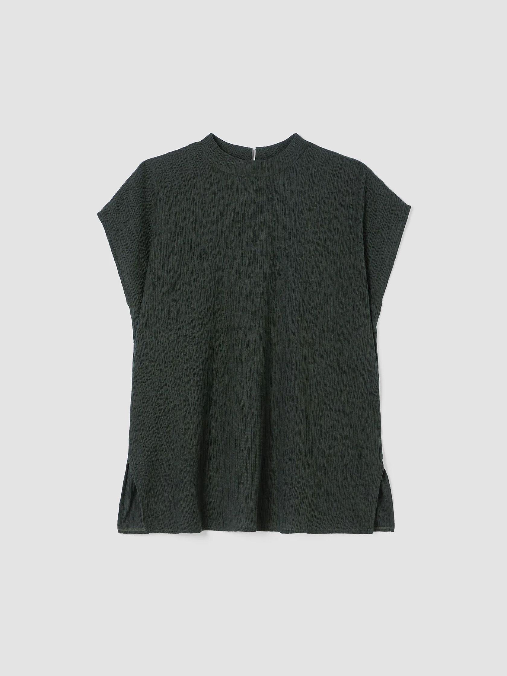 Woven Plissé Mock Neck Top