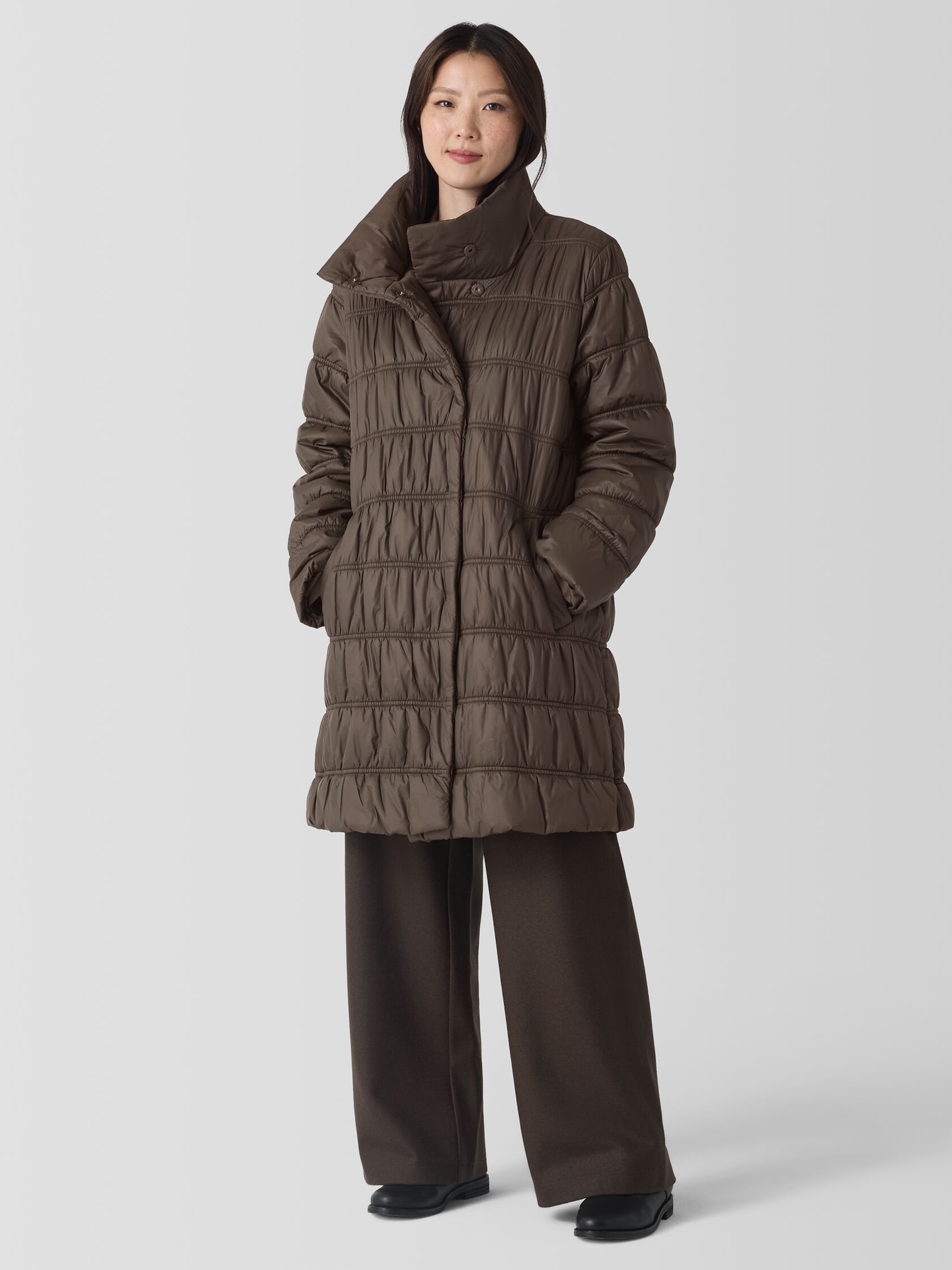 Eggshell Recycled Nylon Stand Collar Coat