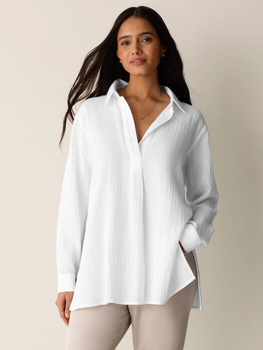 Round Split Neck Organic Cotton Ripple Classic Collar Split Neck Top | EILEEN FISHER