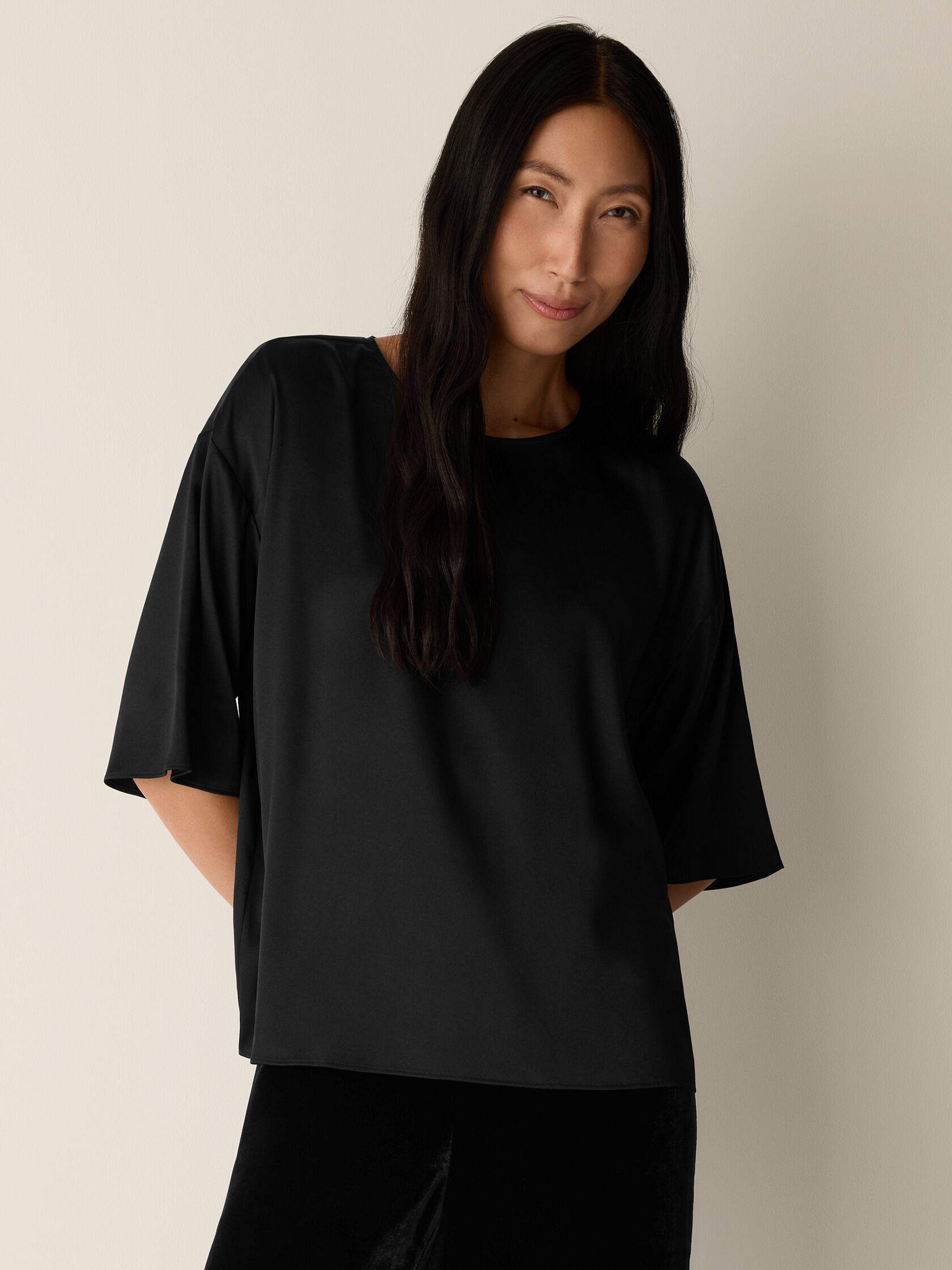 Stretch Silk Charmeuse Round Neck Top