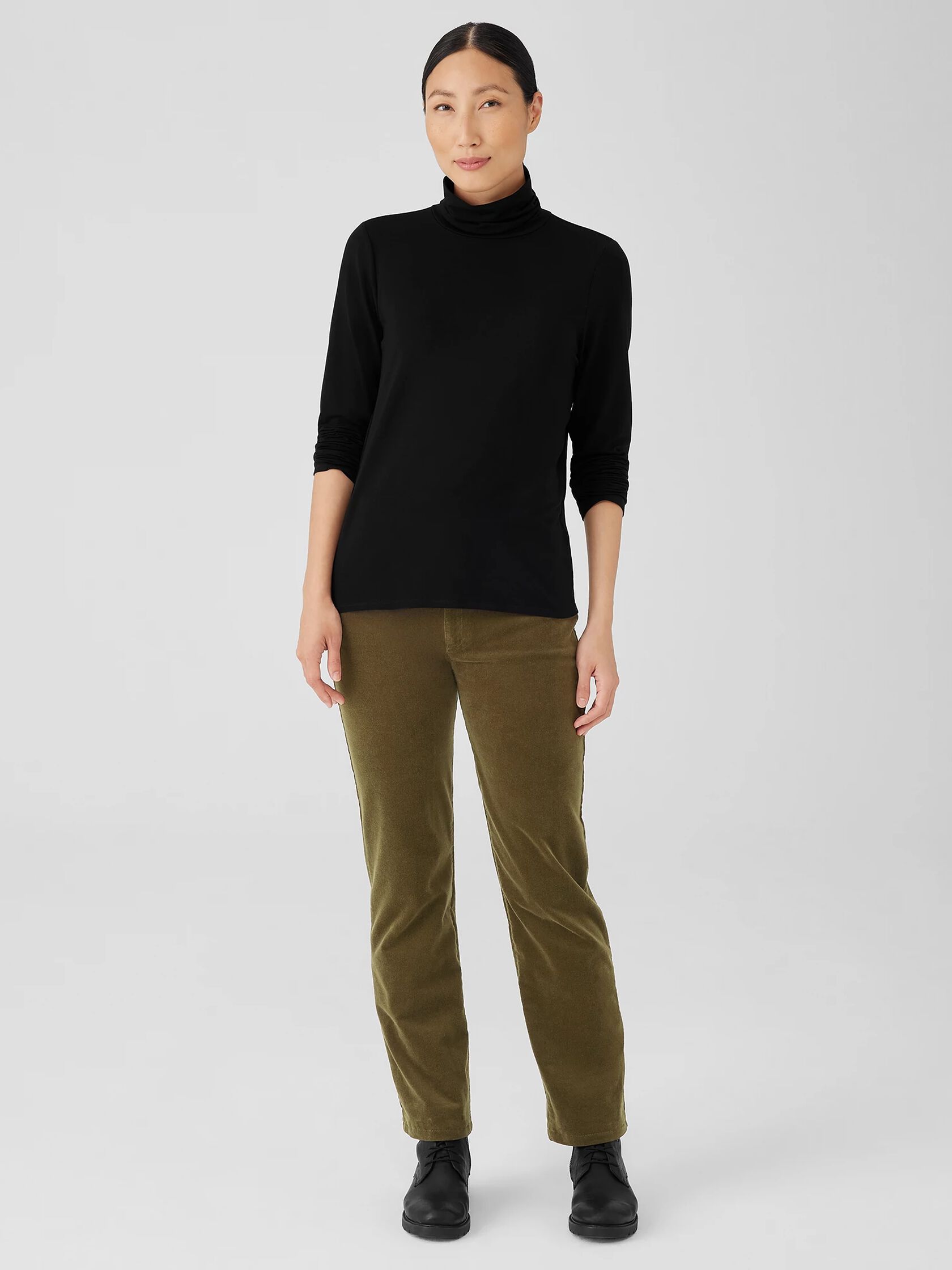 Ribbed Pima Cotton Blend Turtleneck Top