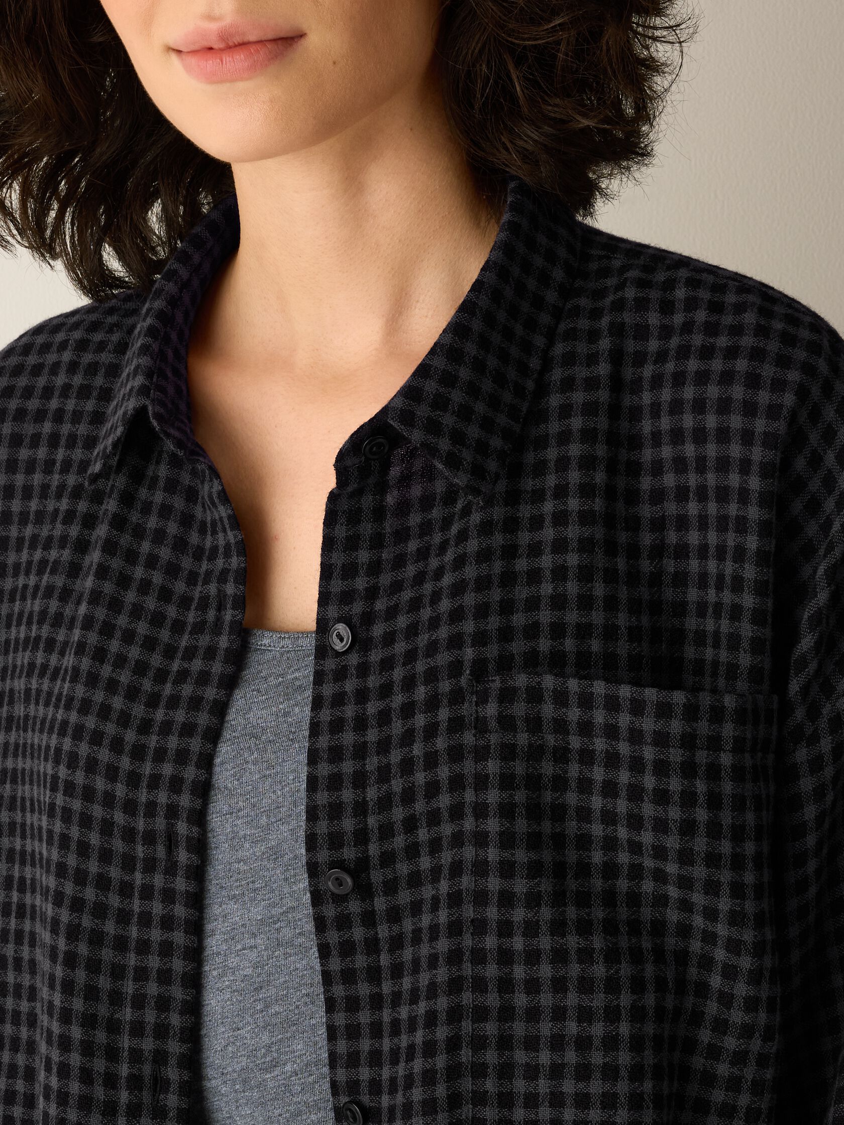 Wool Cotton Check Classic Collar Long Shirt