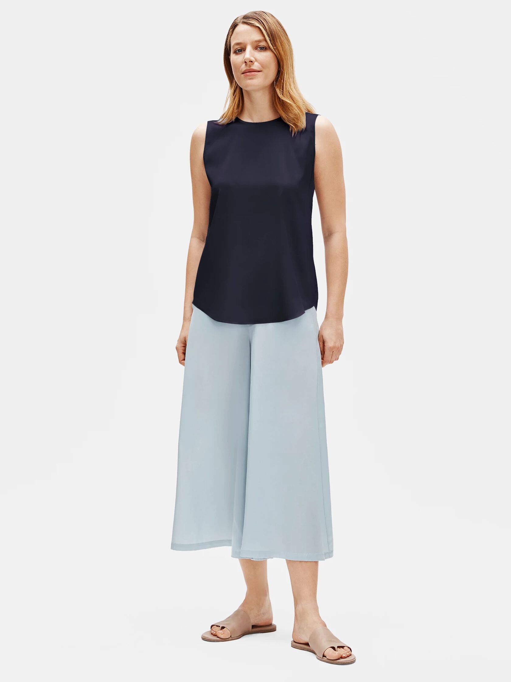 Stretch Silk Charmeuse Round Neck Shell